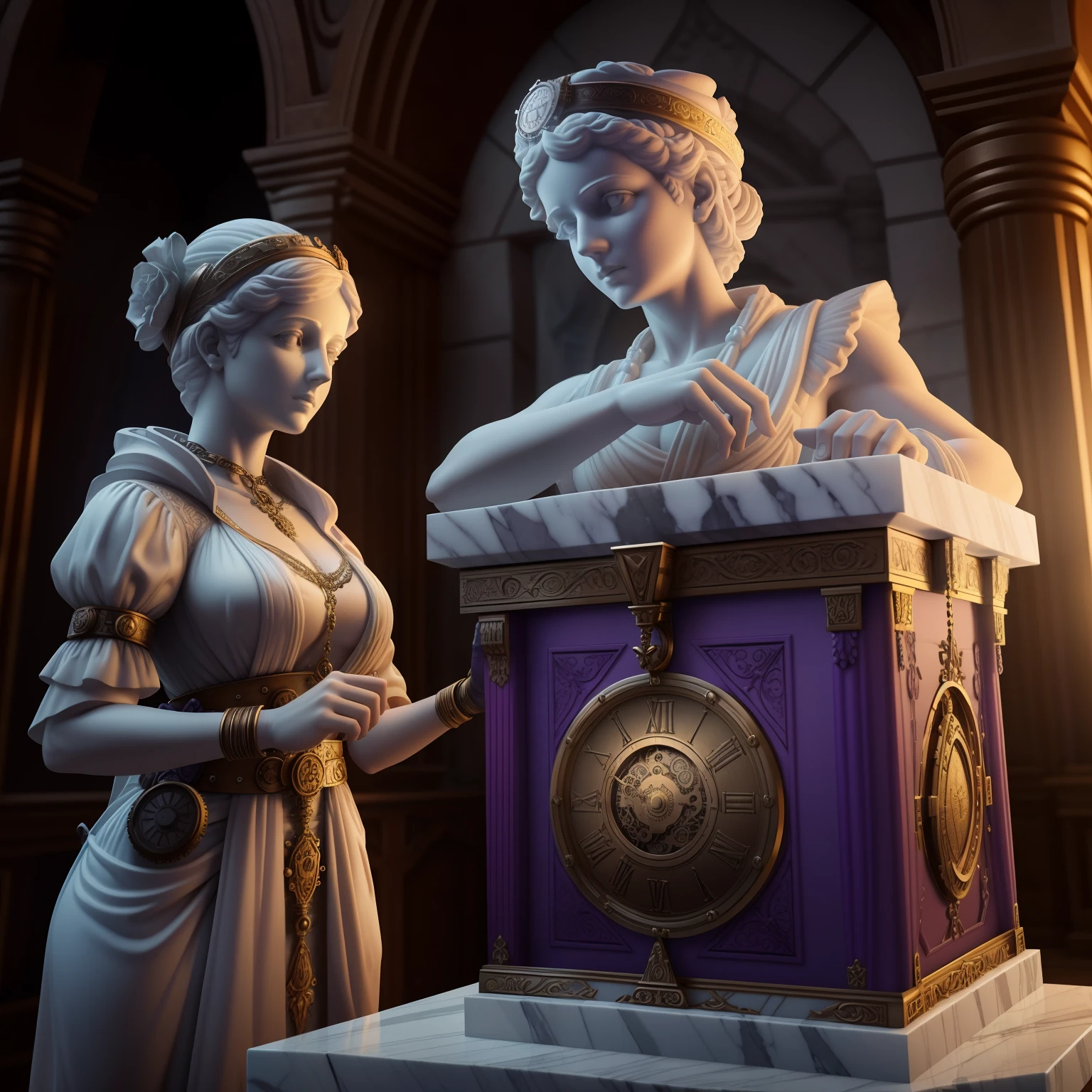 A realistic white marble statue of a steampunk violet woman opening a treasure chest, carefully detailed wearing a ghostly toga, fundo preto, Moody, fotorrealista, super detalhada, Hiper realista, luzes brilhantes, 8k