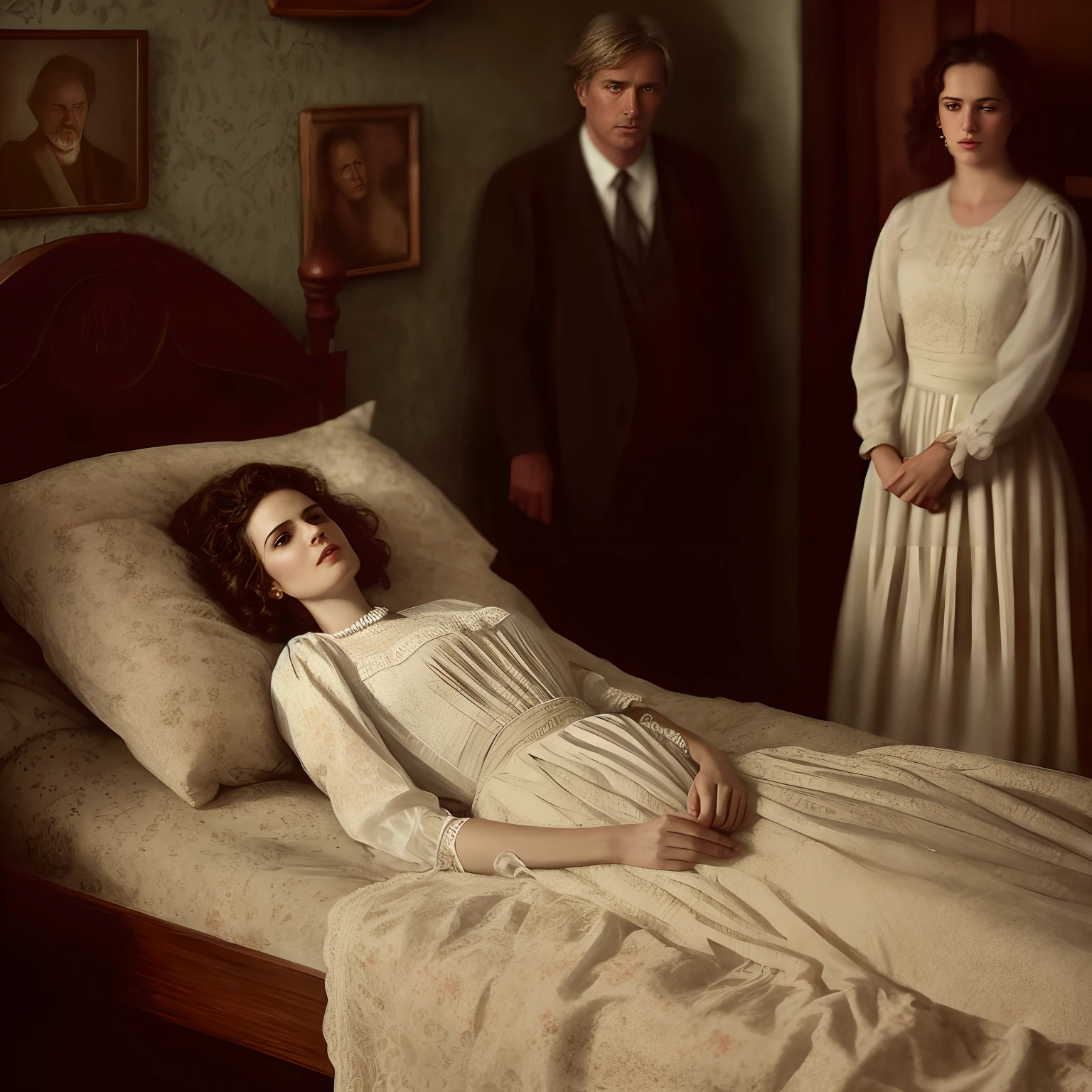 There's a woman lying on a bed with a man behind her, Directed by: Kurt Roesch, Winona Ryder em repouso, cena de pesadelo hiperrealista, mourning family, Lori Earley, Directed by: Artur Tarnowski, Flora Borsi, Kiera Knightly em repouso, southern gothic art, inspirado em Ivan Kramskoi, dramatic movie still, Erwin Olavo