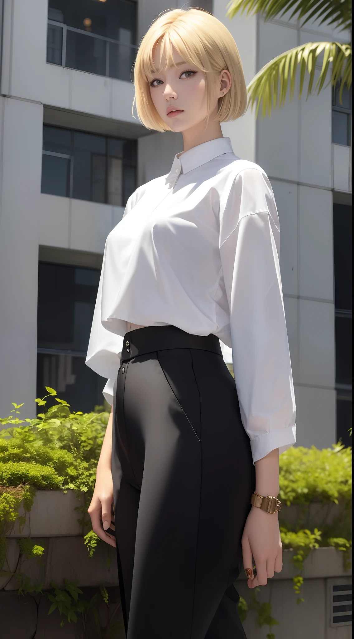 ((masterpiece:1.2, best quality)), 1girl, short hair, blonde hair, upper body, looking at viewer, pants, plants, city, daytime, korean streetwear, street, casual style, cyberpunk style, black office shirt, checkered skirt, casual wear, white sneaker, people in background, highly-detailed, perfect face, dynamic pose,