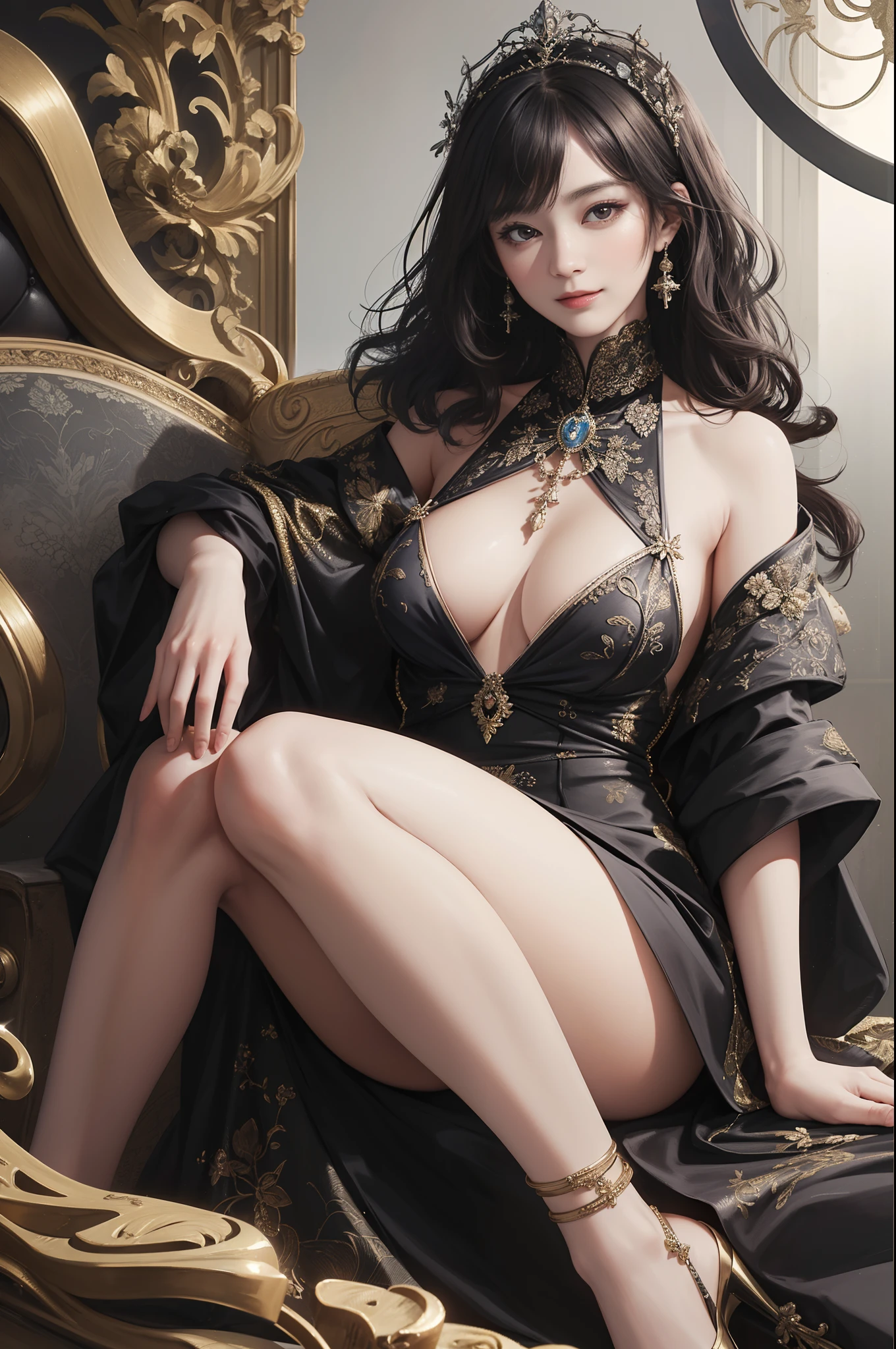 ((Best Quality))), (8K picture quality), ((masutepiece)), (Very sophisticated、Beautiful fece), (wearing dresses) , (1womanl), (Black shorthair), Dress up, with floral pattern, Soft silk fabric, 电影灯光, Gentle expression, A slight smil, full length, Luxurious interior