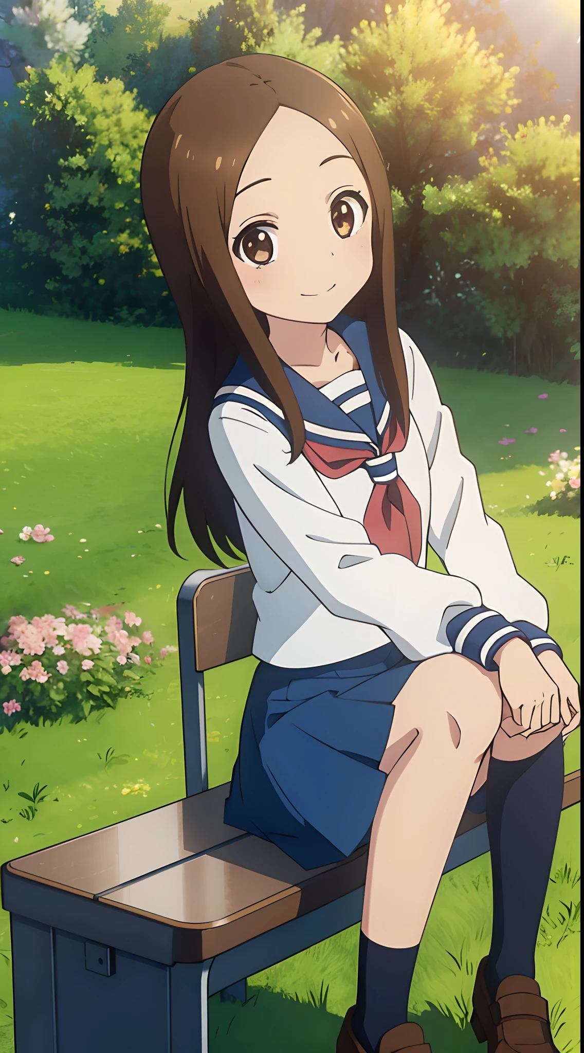 (Realistic),(Photorealistic),Takagi_San, 1girl in, Long hair,((White School Shirt)), Brown hair, Part bangs, Brown eyes, white serafuku, Sailor collar, red neckerchief, Short skirt, Long sleeves, Forehead, Black socks, brown shoes, Smile, Looking at Viewer,(Sitting), masutepiece,Full body, Best Quality, (Colorful),volumatic light, Ray tracing,the Extremely Detailed CG Unity 8K Wallpapers,Smile,((flying petal)),(Flowery meadow), Sunny,Sunshine, light, Fantasy, Windy, magic sparks, Trees, lake, mountainscape, ((Flowers)),field,