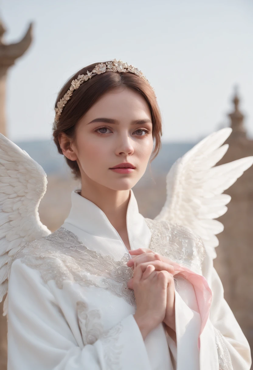 ((raw photo)), ((masterpiece)), anthropomorphic humanoid AngelGirl wearing white noble robe, intricate detail, futobot, intricate Greebles pieces, sky behind, pink, beautiful wings, detailed eyes and lips