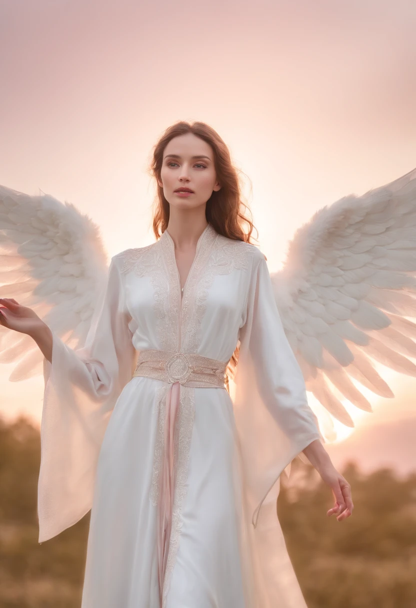 ((raw photo)), ((masterpiece)), anthropomorphic humanoid AngelGirl wearing white noble robe, intricate detail, futobot, intricate Greebles pieces, sky behind, pink, beautiful wings, detailed eyes and lips