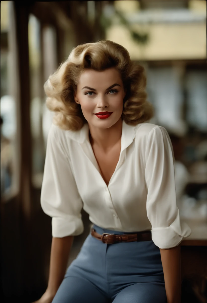 master part, uma bela mulher Brasileira, ((Marilyn Monroe:Ingrid Bergman:0.5)), (White V-neck tight shirt and pantaloon dark jeans), (seios pequenos), (corpo perfeito) (cabelos castanhos longos), outside in the cafeteria (textura da pele:1.1), best quality, ultra high-resolution, Foto RAW, Nikon D850 |, luz de fundo, at office, luz solar brilhante, filmic grain:1.2, (Tonalidade quente, tom quente:1.2), (foto colorida)