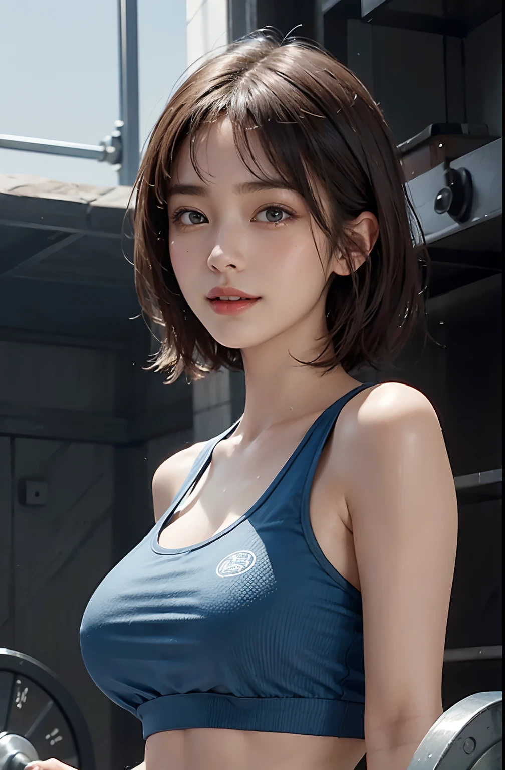 (A hyper-realistic), (illustratio), (hight resolution), (8K), (ighly detailed), (The best illustrations), (beatiful detailed eyes), (top-quality), (ultra-detailliert), (masterpiece), (detailed face), droopy eyes,full of sweat, full body, long legs, Armpit,short-hair,inner colored,solo,Girl in blue sports bra, Japanese, Colossal tits, smile, gym background