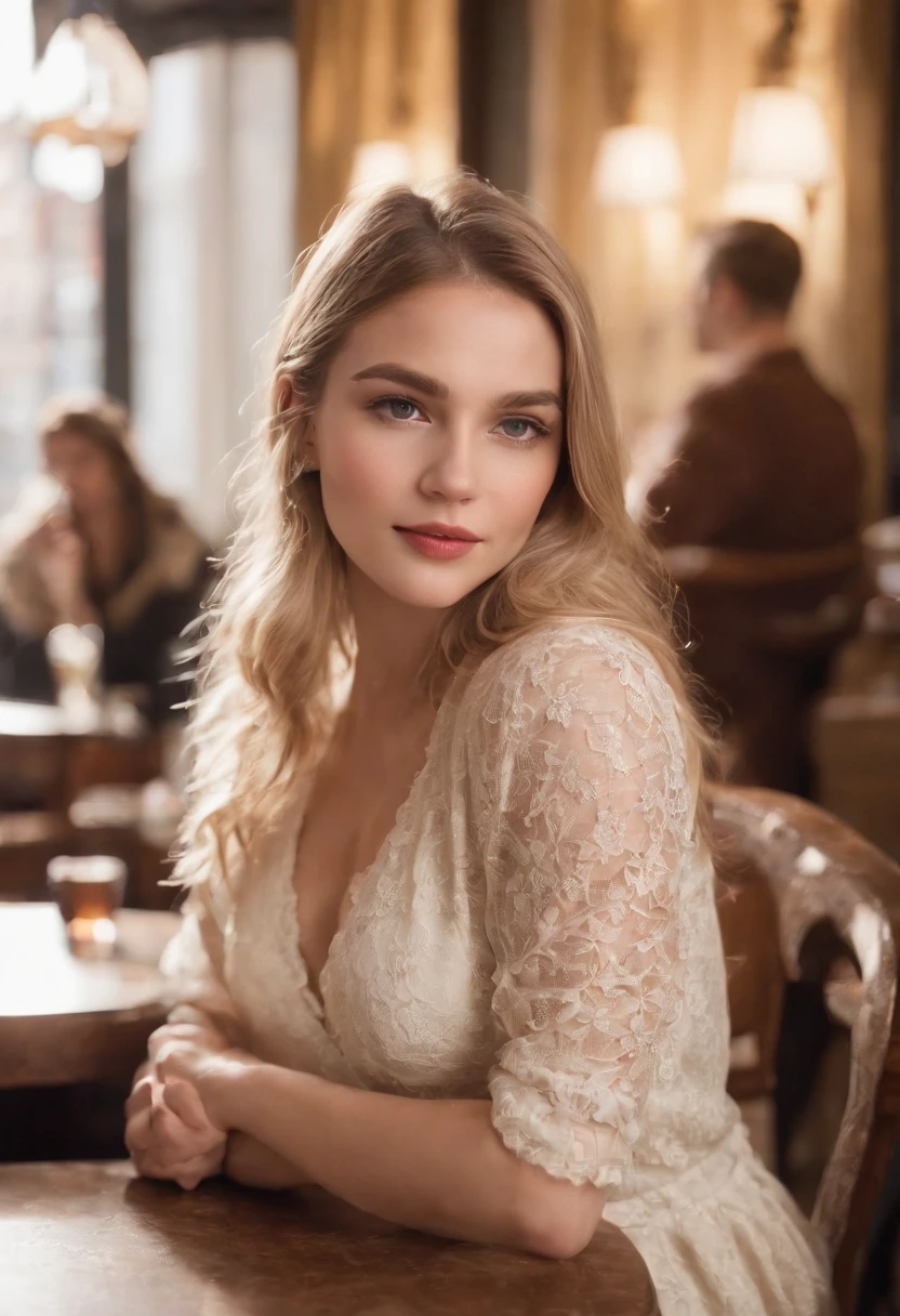 blonde woman, sitting, looking at camera, drinking