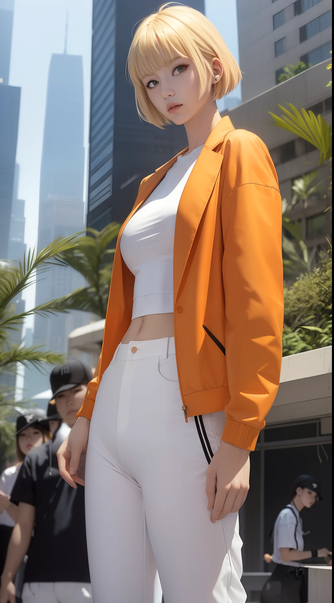 ((masterpiece:1.2, best quality)), 1girl, short hair, blonde hair, upper body, looking at viewer, pants, plants, city, daytime, skyscrapers, korean streetwear, street, casual style, cyberpunk style, orange jacket, techwear, white sneaker, people in background, highly-detailed, perfect face, dynamic pose,