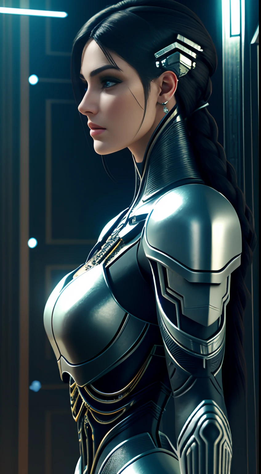 elaborate 3D renderer, camera shot from the side, ultra detailed beautiful porcelain profile, Female face, Android, Cyborg, robotic details,  Beautiful studio soft light, rim-light, Vivid details, Luxurious cyberpunk, ultra-realistic realism, anatomically, facial musculature, Cable Electrical Wire, micro Chip, elegant, Beautiful background, rendering by octane, Style H.r. Giger, 8K, Best quality, Masterpiece, illustration, Extremely fine and beautiful, Extremely detailed, computer graphics, Unity, Wallpapers, (Realistic, Photorealistic: 1.37), Stunning, subtle, Masterpiece, Best quality, offcial art, Very detailed CG wallpaper，Great Unity 8K's, Absurd, Incredible, (full body1.4)
