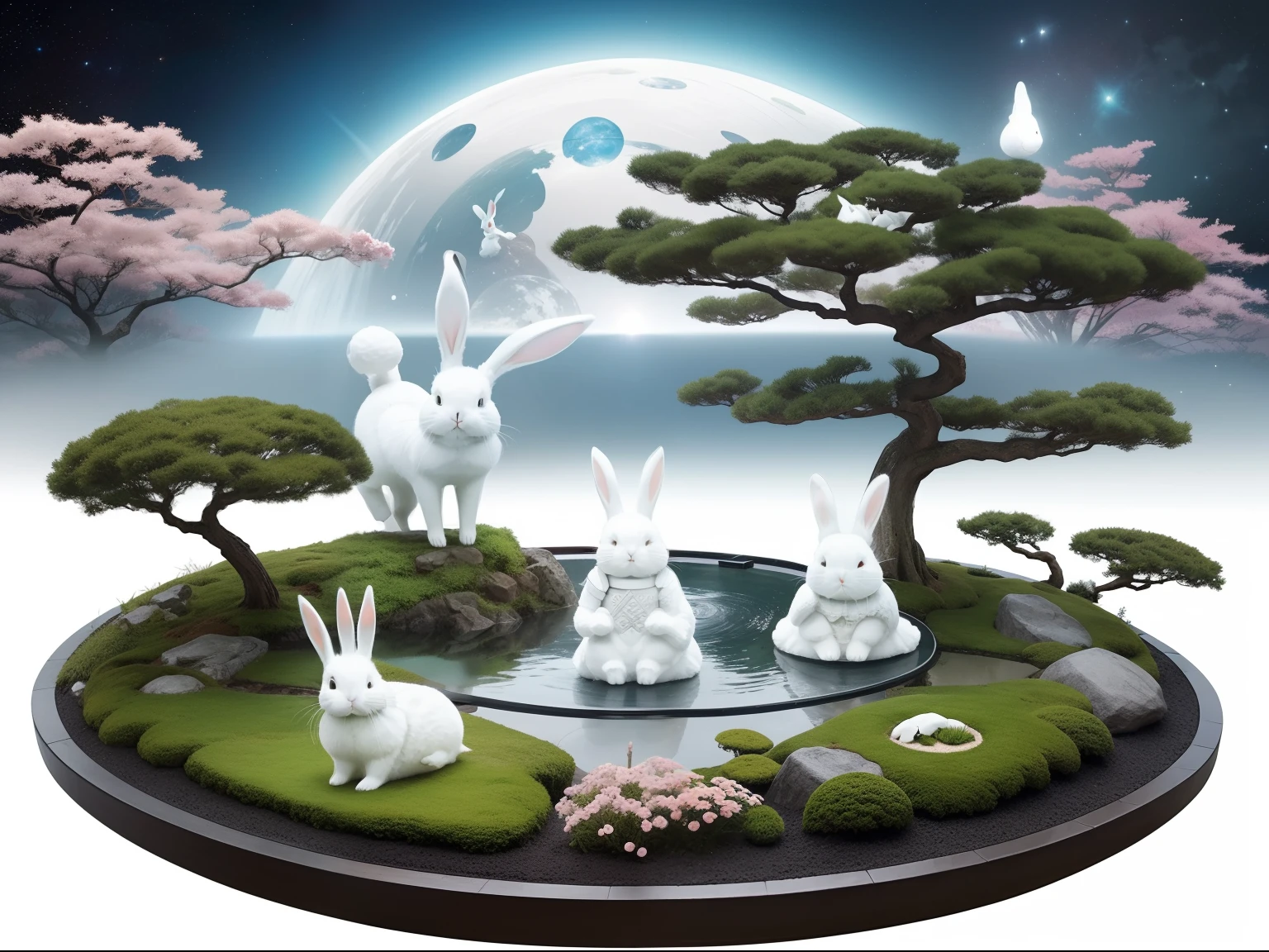 fantasy illustration, Japanese garden model space hybrid, urtla detailed Japanese garden model, Japanese garden model floating in the space, (a big white rabbits:1.3), (space background:1.2)