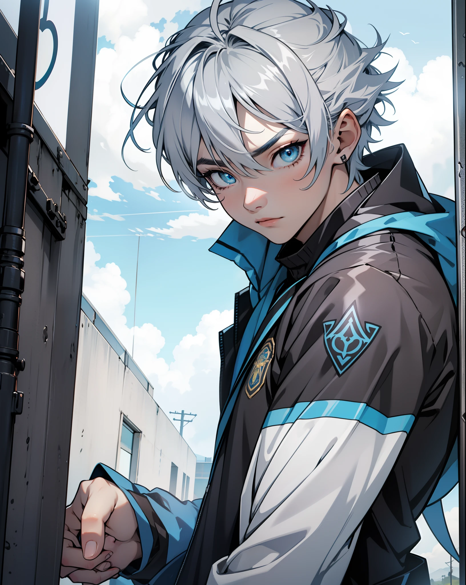 ojos brillantes sale energia azul de sus ojos, wears Korean high school clothes Create a character named Aaron has blue eyes and silver-gray hair is fair skin is Korean body medium build