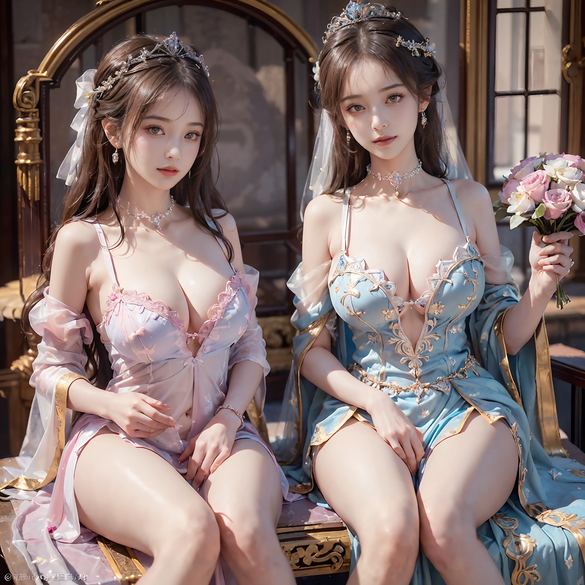 Arapefi, (2 girls,(One of them wore a pink princess dress,1.5,),(The other wears a blue princess dress,1.5)), The chests collided together,Look into the camera, wearing high heels,Wear a crown,choker necklace,ssmile,close-up from the front,On the throne, In the castle, Sense of transparency,(oversized boobs,1.5),Expose cleavage,Turn around and look at the camera,tmasterpiece,Flawless,Sense of transparency,Empty inspiration,More details and decoration,Exposing thighs,8K,(Wear decorations such as rings,1.9),White-colored skin,Ornate ornament,Bouquet,stocklings,(Dissection is correct,PremiumQuality, high detal, Masterpiece,对称)