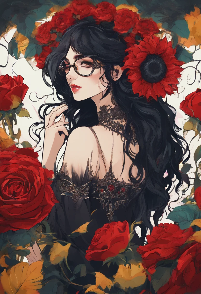 Beautiful girl with glasses, Long Black Hair, Bouquet of sunflowers and red roses, Bright colors, Smiling, The 8k quality, Cinematic Focus, Closed eyes