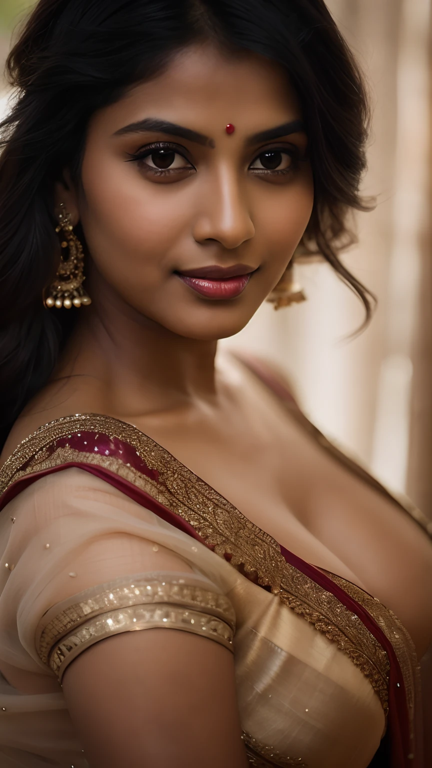 a close up of a woman wearing a sari and earrings, cinematic goddess close shot, sexy girl with dark complexion, stunning closeupheadshot, with a seductive smile, indian, provocative indian, indian girl with brown skin, indian super model, closeup portrait shot, indian goddess, close up half body shot, 7 0 mm. dramatic lighting, 4 k glamour photography