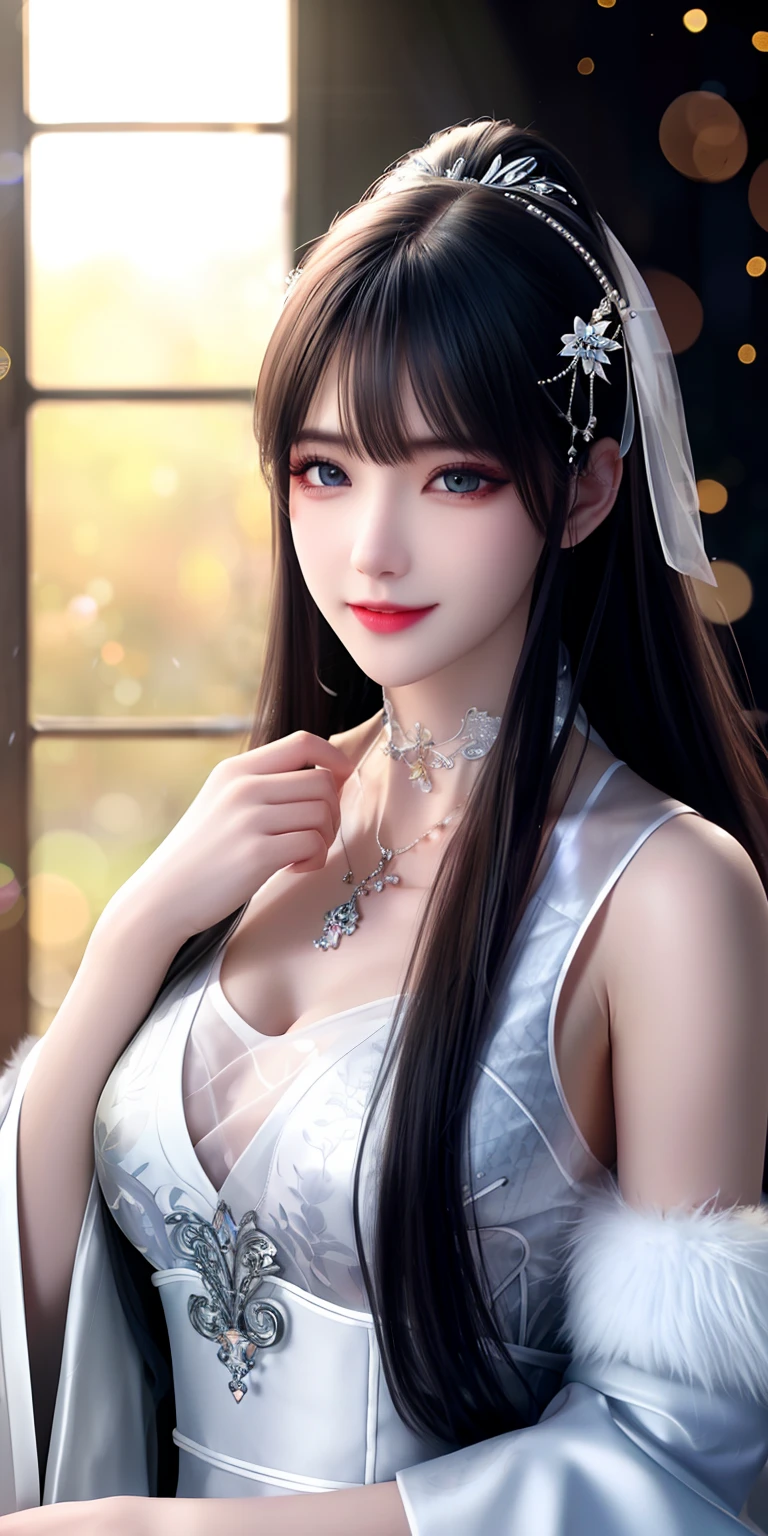 Best Quality, Masterpiece, High Resolution, 1 Girl, Hair Accessory, Necklace, Jewelry, Beautiful Face, Physics, Tyndall Effect, Realism, Dark Studio, Edge Lighting, Two-tone Lighting, (High Detail Skin: 1.2) , DSLR, Soft Light, High Quality, Volumetric Light, Voyeur, Photo, High Resolution, 4K, 8K, Background Blur, (Full Body: 1.9), (Exposed Chest 1.6), (Gray Hair 1.4), (Red 1.5), (Bangs 1.3), (Smile 1.5), (cute 1.2), (big breasts 1.5), sexy, seductive