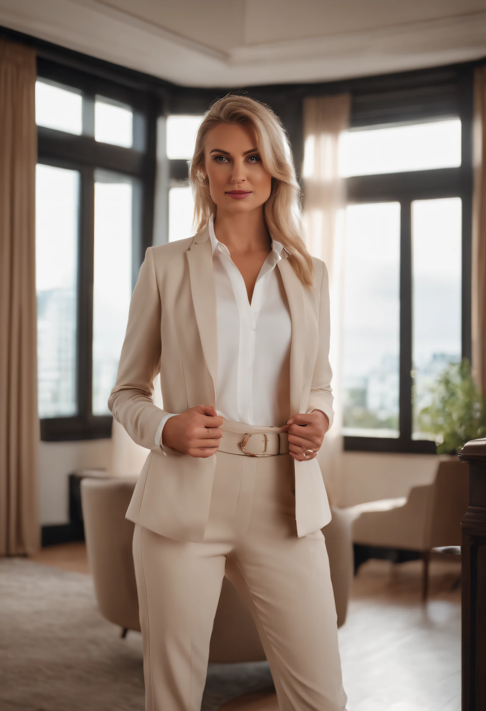 upper body shot of blonde blue eyed woman in a beige blazer and white business shirt and beige business pants standing in a european style luxury house, business clothes, panoramic view of city, Raw photo, highly detailed skin ,8K UHD, dslr, soft lighting, high quality, film grain, Fujifilm XT3.