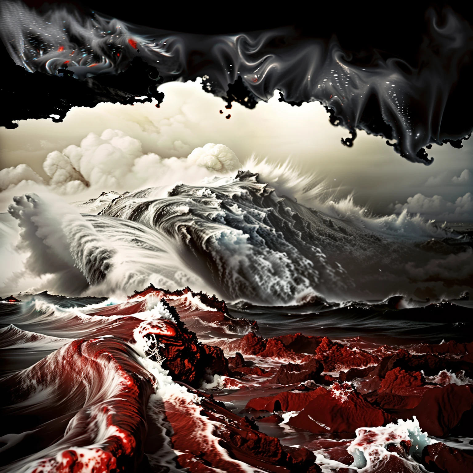 arafed view of a huge wave crashing over a beach, bloody river in hell, turbulent blood lake, apocalyptic tumultuous sea, hell scape, sea of blood, bloody ocean, river of blood, mouth of hell, bloodbath battlefield background, hell storm, apocalyptic art, rivers of blood, hell background, harrowing apocalyptic atmosphere