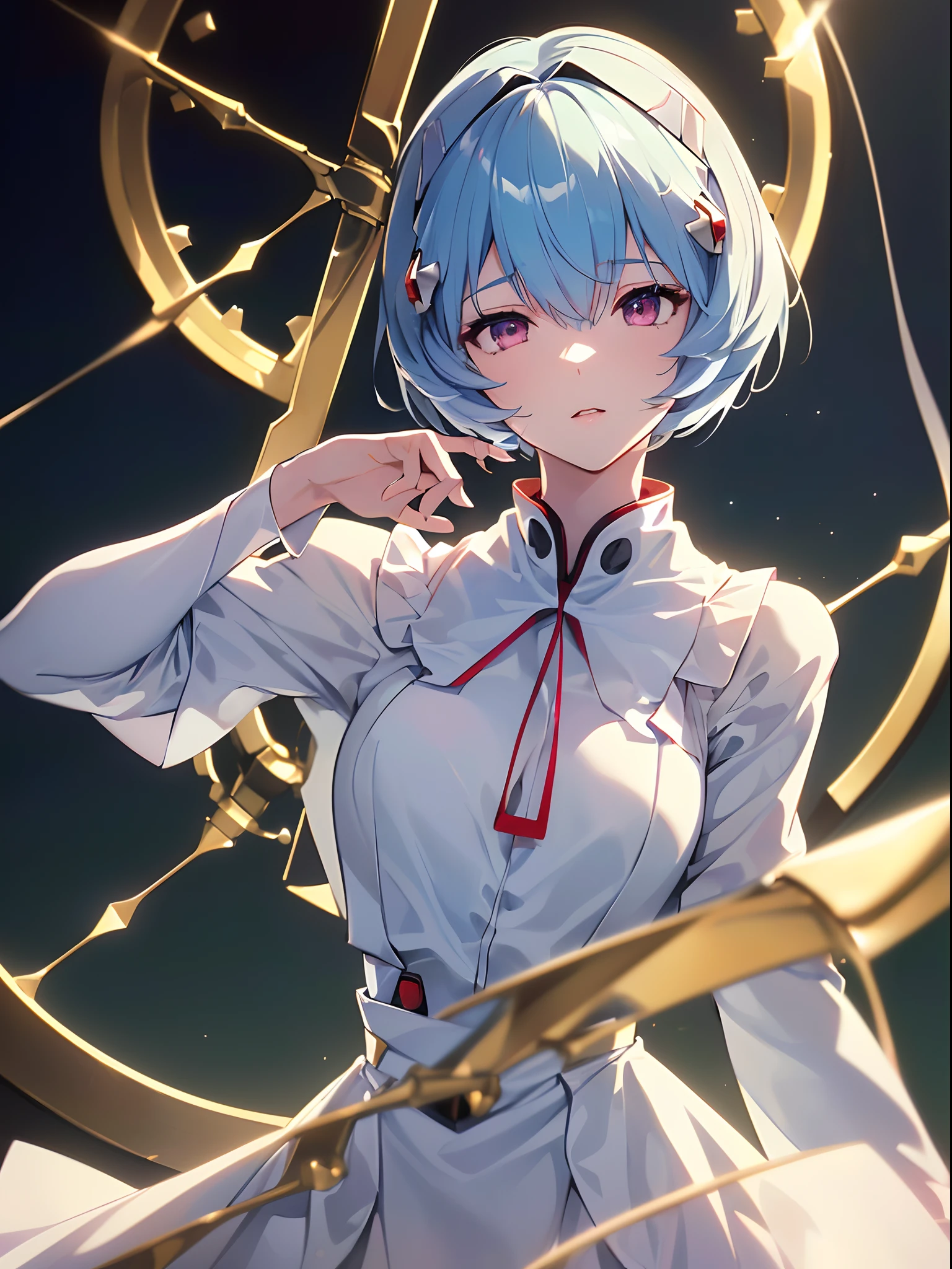 (((ayanami rei:))),headgear,1girl,solo,(masterpiece,best quality, official art,aim to viewers, beautiful and aesthetic:1.2),(ultra high res,spiral, golden ratio, (4k), see from above,((above the earth)),floating,dynamic lighting, natural lighting,(photon mapping, radiosity, physically-based rendering,automatic white balance), technological sense,Amazing,sharp focus,rich background, (((high detailed skin,)))dynamic lighting,intricate detailed outfit,glowing eyes,watery eyes,((short hair,))deadpan, skiny,  turtle neck, short skirt,button shirt,(masterpiece sidelighting),(bishoujo,lustrous),(sky blue hair,pink eyes,）[[delicate fingers and hands:0.55]::0.85],(detail fingers),(((Ultra Photographic Quality,ultra wide angles)))),((incredibly absurdres)),bust shot,((extremely_detailed_eyes_and_face)),(disheveled hair),FilmGirl