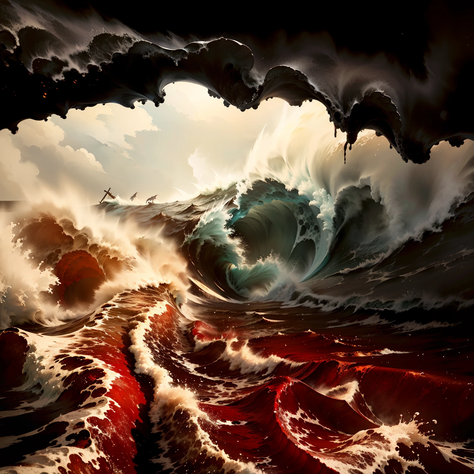 arafed view of a huge wave crashing over a beach, bloody river in hell, turbulent blood lake, apocalyptic tumultuous sea, hell scape, sea of blood, bloody ocean, river of blood, mouth of hell, bloodbath battlefield background, hell storm, apocalyptic art, hell background, rivers of blood, harrowing apocalyptic atmosphere