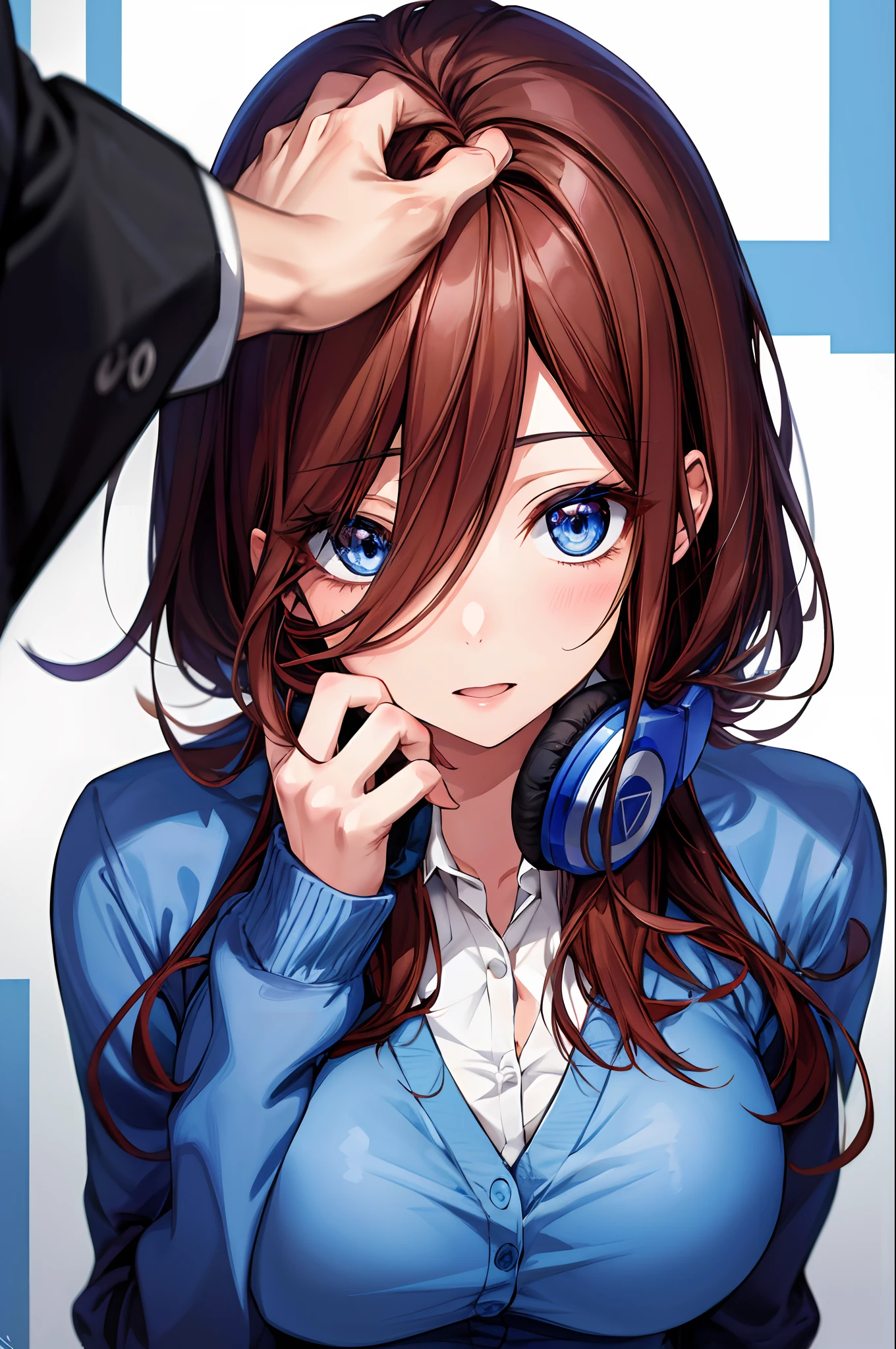 absurdres, best quality, 1girl, solo, eye focus, looking at viewer, Miku, Blue Cardigan, brown hair