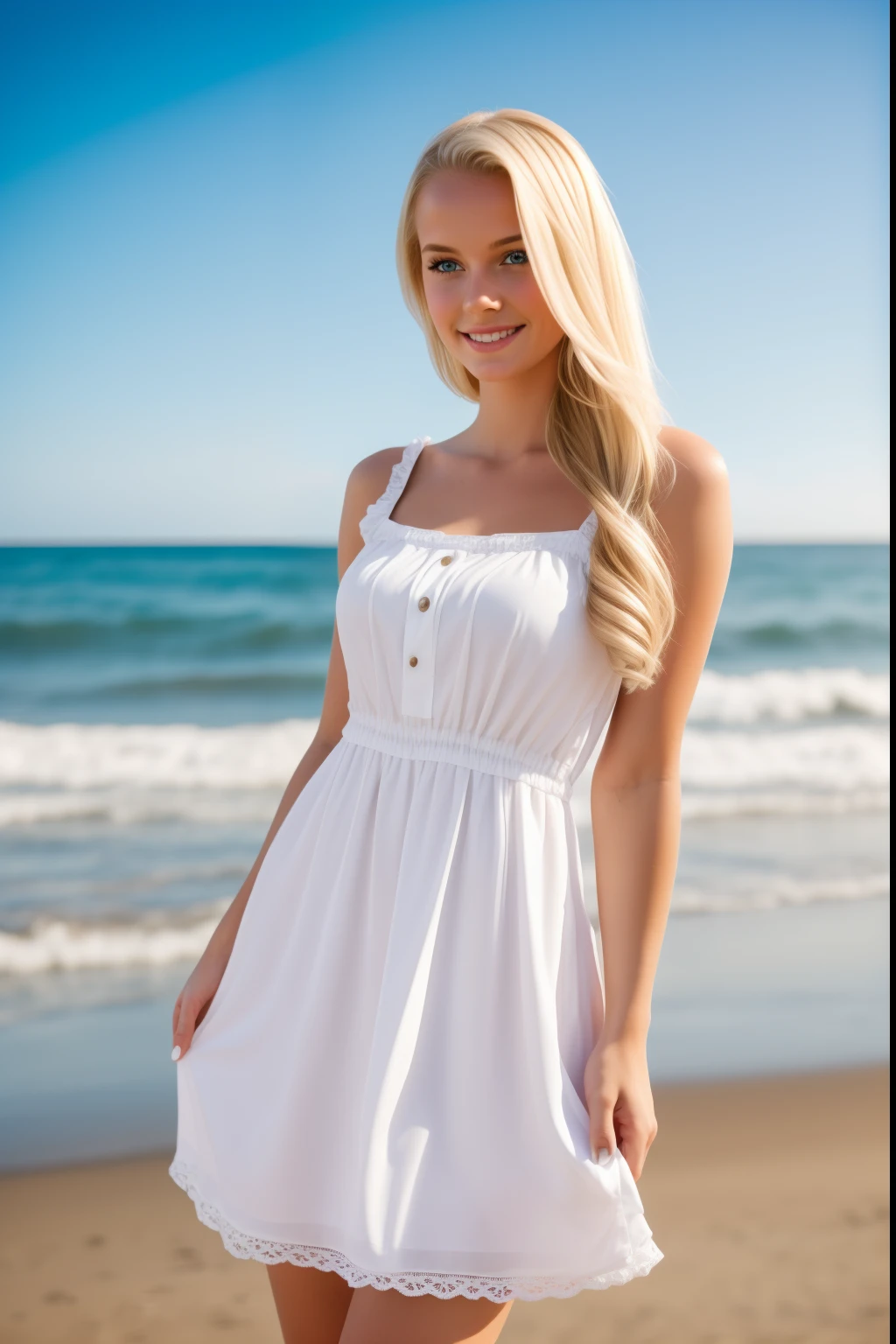 Young blonde woman on the beach wearing a bar-maid dress