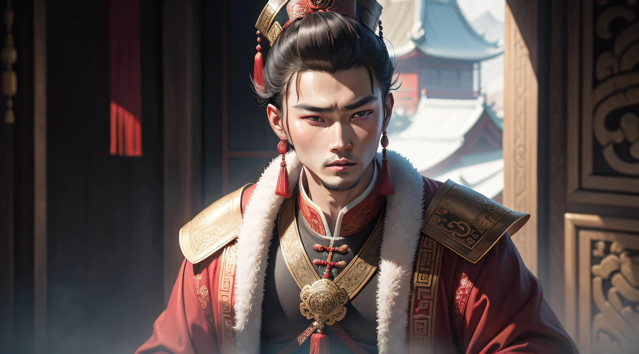 Military General of the Three Kingdoms, Huang Zhong arabe outfit in Egypte background, Barbe blanche, Barbe longue, golden armor, arc, 60 ans, Chinois, Un