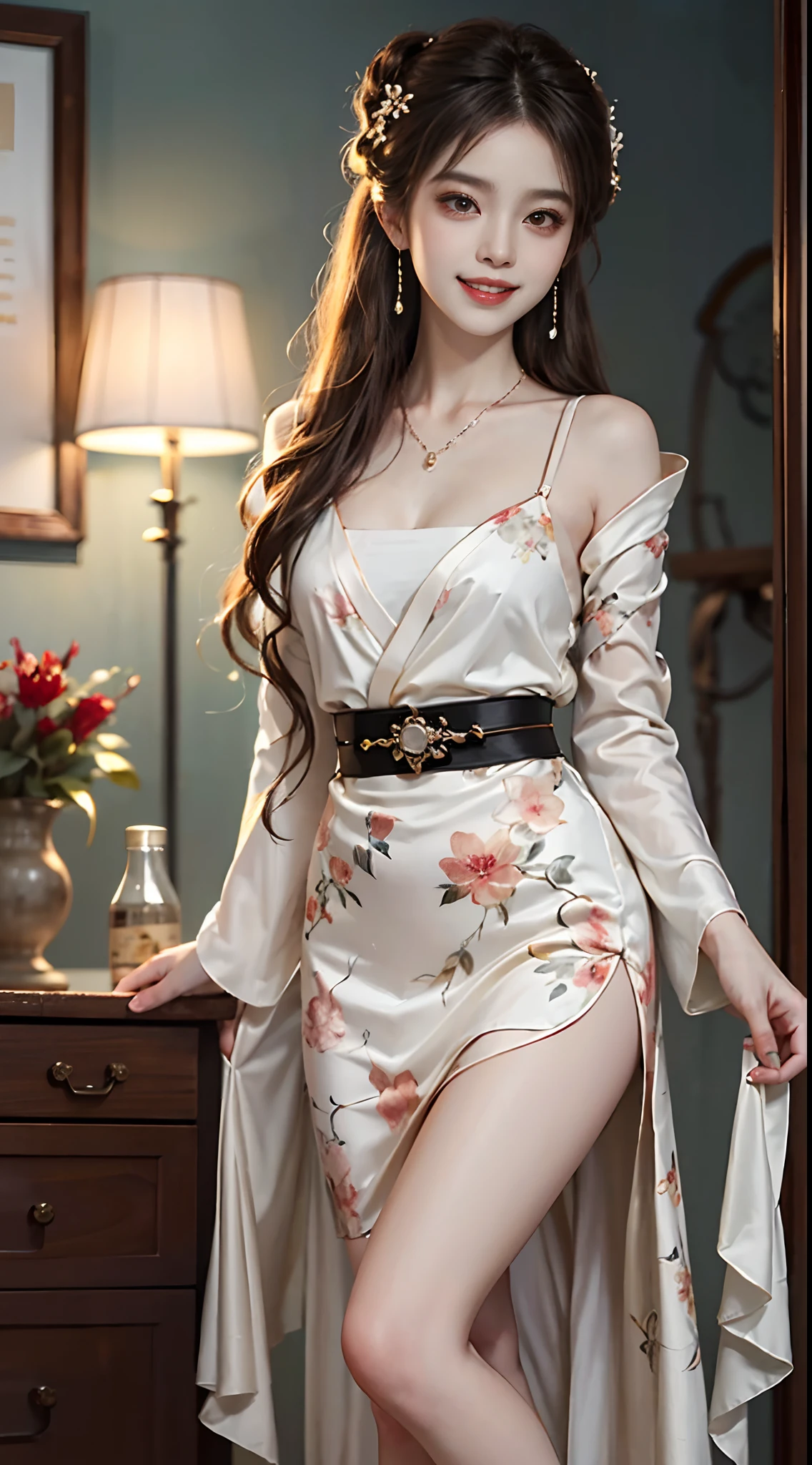 ((full body)), ((from side)), ((realistic)), 1 Asian female model, A young girl, (Being in the room, Stand up, Cross ed leg, Leaning against the dresser), Pleasing posture, Eye-catching poses, Nice long legs, Detailed scenes, Coiled hair, Hairpins, Beautiful hair accessories, Brownish-yellow hair, light make-up, Blushlush, Gloss on lips, ((White floral Hanfu, hanfu, No chest leakage, high-waist, Nice belt, high-heels)), ((warm lights, a warm color palette)), (Extremely high color saturation), Detailed details, ultra-detailliert, (tmasterpiece, best qualtiy), (An extremely delicate and beautiful work), Delicate earrings, Delicate necklace, Simple blurred background, Extreme detail description, Ultra-fine painting, Delicate face, slim toned body, Slimming the waist, (grin, happy grin, Baring teeth), (anatomy correct)