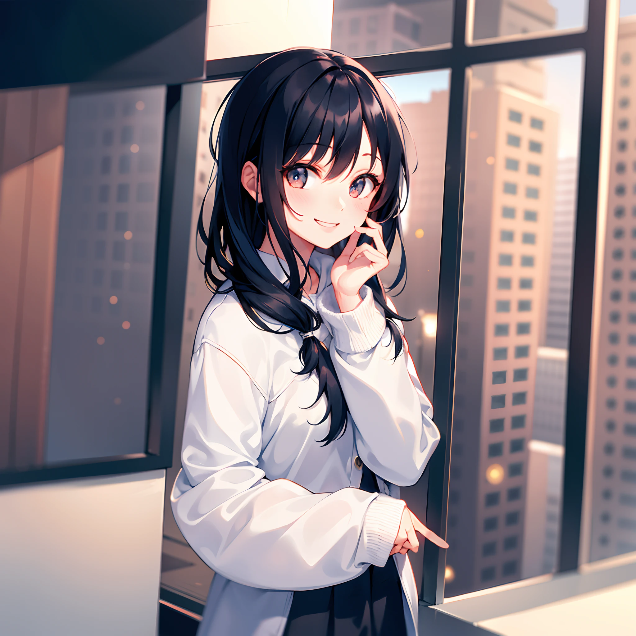 (morning), one girl, one, looking viewer, winter, cowboy shot, (downtown), cowboy shot, smile, black hair
