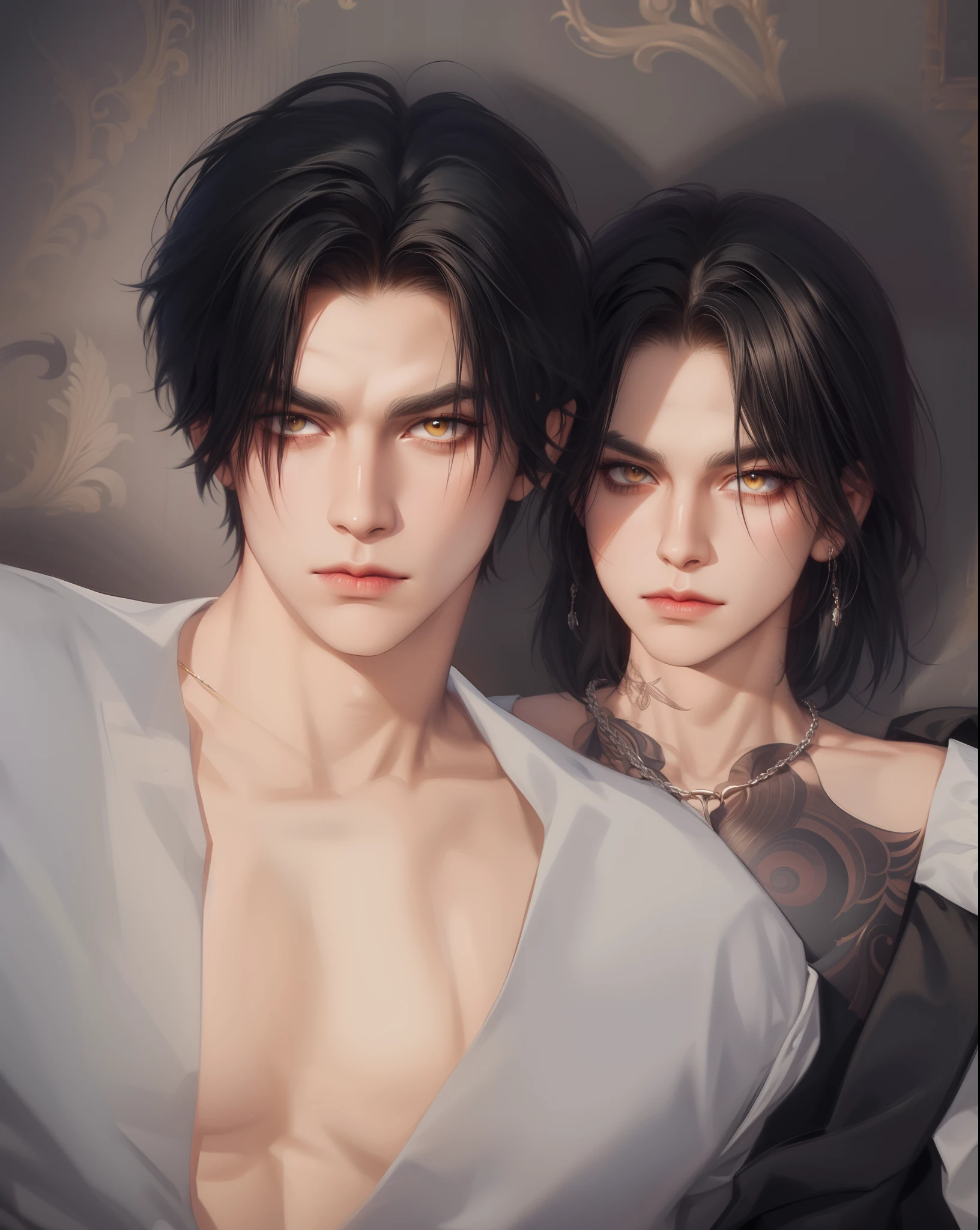 (Masterpiece,Best quality,Supergianthugebreasts_Detailed,A high resolution,absurderes),1boys, Male focus, tattoo, Solo, White hair,chain, shirt, black necktie, tiese, Simple background, Yellow eyes, Upper body, vest, Short hair, view the viewer, parted lip, Collared shirt, circle glasses, Long sleeves, neck tattoo, Put your hand on your shoulder, arm tattoos, Black shirt, Red background, Brown vest, monocle, jewelry (looks away:1.2)
