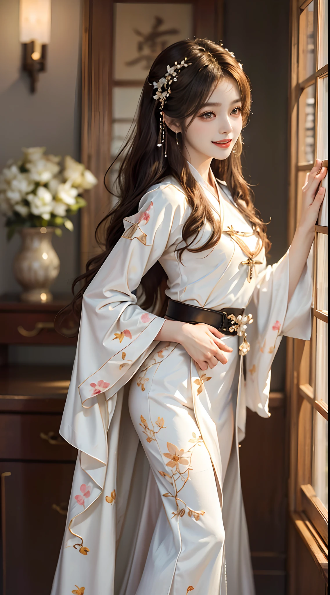 ((full body)), ((from above)), ((realistic)), 1 Asian female model, A young girl, (Being in the room, Sit Pose, Cross ed leg, Leaning against the dresser), Pleasing posture, Eye-catching poses, Nice long legs, Detailed scenes, Coiled hair, Hairpins, Beautiful hair accessories, Brownish-yellow hair, light make-up, Blushlush, Gloss on lips, ((White floral Hanfu, hanfu, crewneck, high-waist, Nice belt, high-heels)), ((warm lights, a warm color palette)), (Extremely high color saturation), Detailed details, ultra-detailliert, (tmasterpiece, best qualtiy), (An extremely delicate and beautiful work), Delicate earrings, Delicate necklace, Simple blurred background, Extreme detail description, Ultra-fine painting, Delicate face, slim toned body, Slimming the waist, (grin, happy grin, Baring teeth), (anatomy correct)