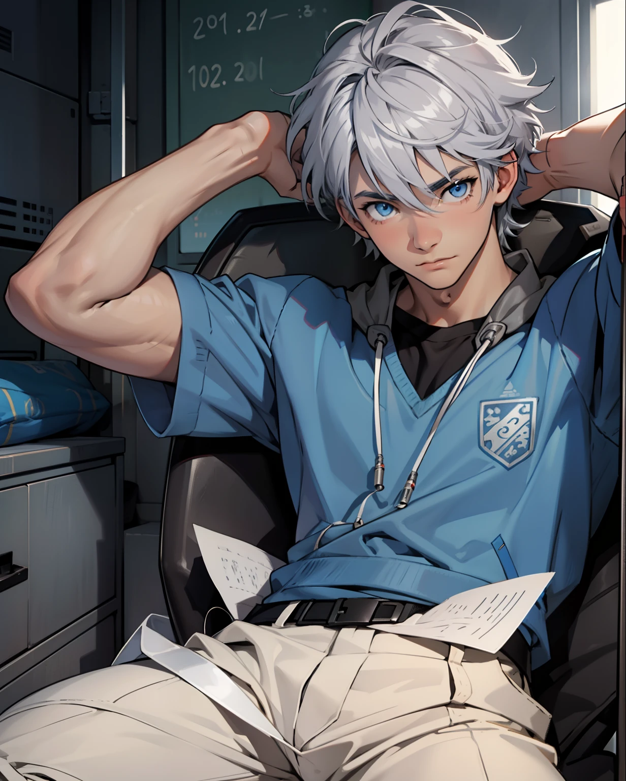 Crear un personaje llamado Aaron es delgado, has blue eyes and silver-gray hair is fair-skinned is a high school student is Korean