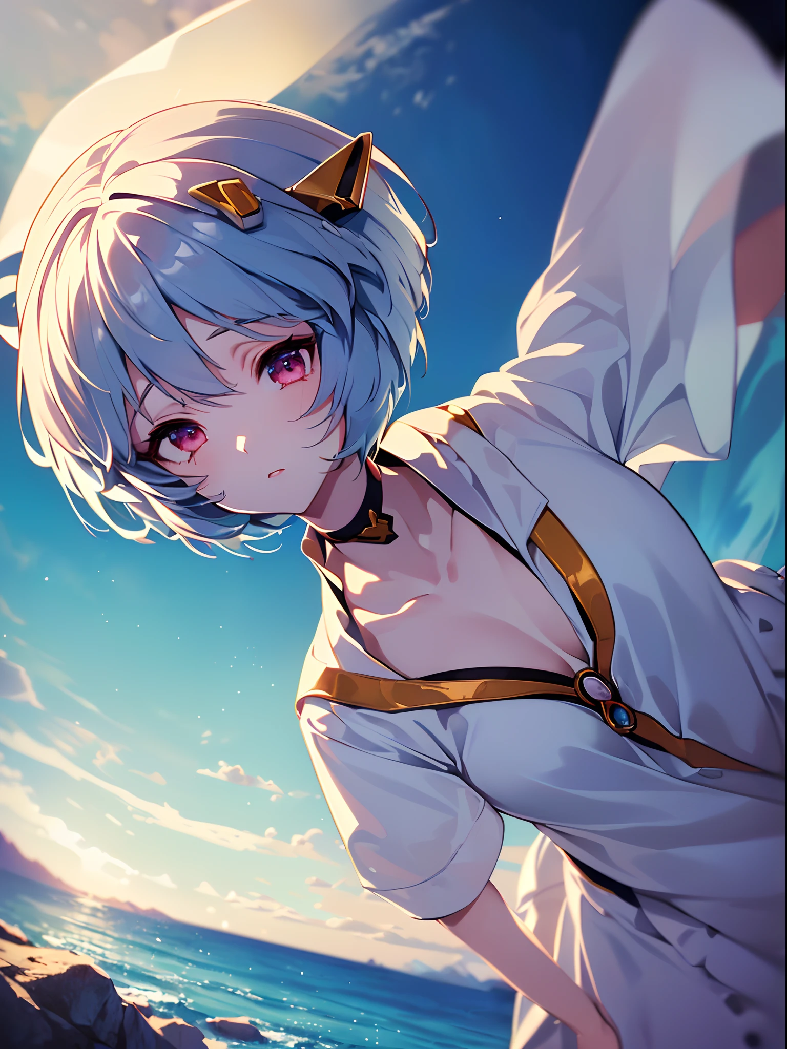 (((ayanami rei:))),headgear,1girl,solo,(masterpiece,best quality, official art,aim to viewers, beautiful and aesthetic:1.2),(ultra high res,spiral, golden ratio, (4k), see from above,((above the earth)),floating,dynamic lighting, natural lighting,(photon mapping, radiosity, physically-based rendering,automatic white balance), technological sense,Amazing,sharp focus,rich background, (((high detailed skin,)))dynamic lighting,intricate detailed outfit,glowing eyes,watery eyes,((short hair,))deadpan, skiny,  turtle neck, short skirt,button shirt,(masterpiece sidelighting),(bishoujo,lustrous),(sky blue hair,pink eyes,）[[delicate fingers and hands:0.55]::0.85],(detail fingers),(((Ultra Photographic Quality,ultra wide angles)))),((incredibly absurdres)),bust shot,((extremely_detailed_eyes_and_face)),(disheveled hair),FilmGirl,(dynamic configuration: 1.4),dreamy, magical,