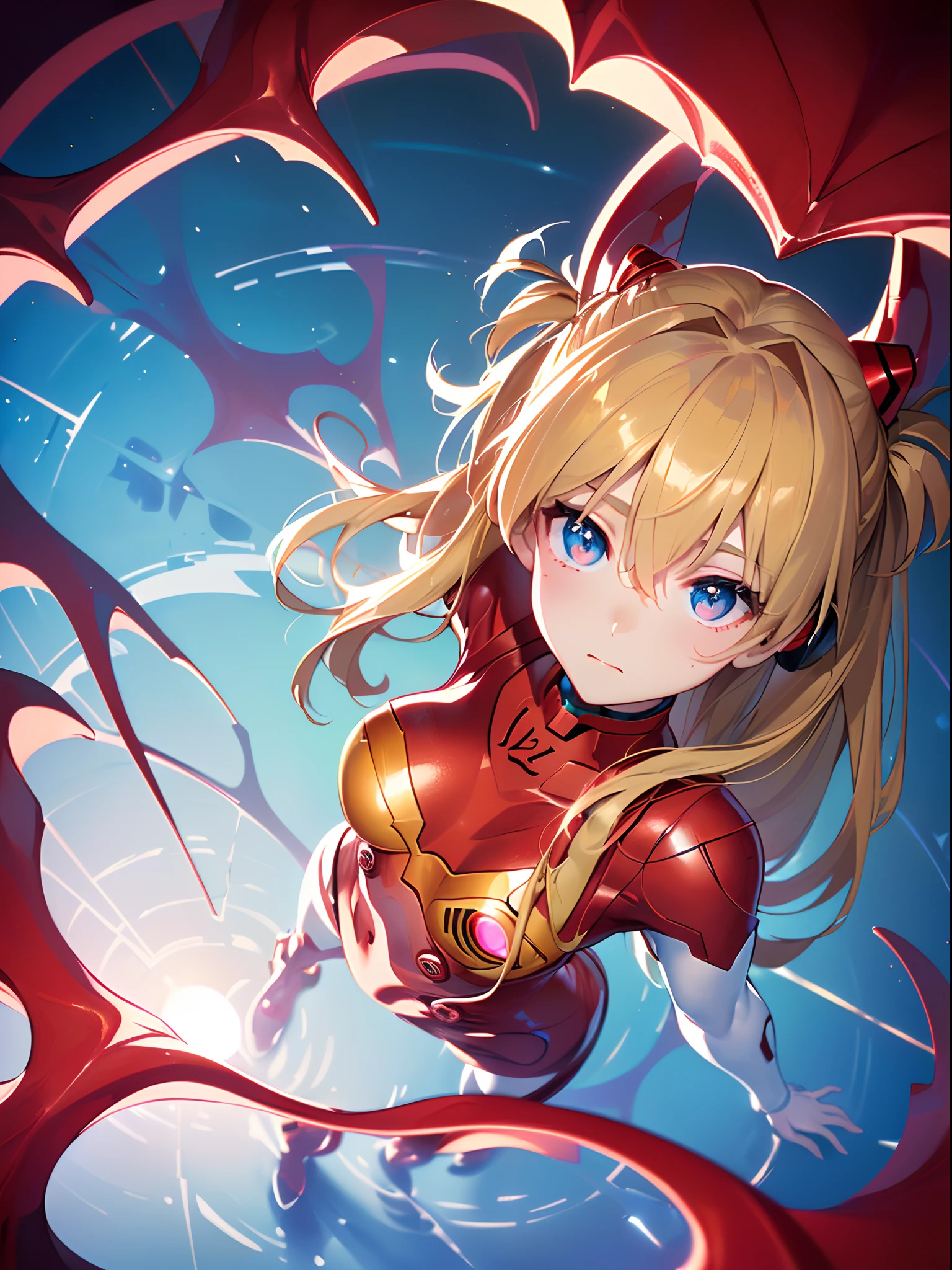 ((souryuu asuka langley, Interface headset, red leotard:1.4, Blonde)),(Glowing eyes:1.233),(Beautiful and detailed eyes:1.1),(Expressionless,Closed mouth),(standing), 1girll,Solo,(Masterpiece,Best quality, offcial art,Target the audience, Beautiful and aesthetic:1.2),(超高分辨率,Spiral, Golden ratio, (4K), looking from above,((Above the earth)),Floating, (photon maping, Radio City, Physically-based rendering,automatic white balance),,Amazing,Sharp focus,Rich background, (((highdetailskin,)))Dynamic lighting,Intricately detailed clothing,Glowing eyes,Watery eyes,(masterpiece sidelighting),(a beauty girl,The sheen),[[Delicate fingers and hands:0.55]::0.85],(Detail fingers),((((The DSLR lens is reflected in the eye,Superior photographic quality,ultra-wide-angle)))),((unbelievable Ridiculous)),Microshot,((extremely_Detailed_Eyes_and_face)),(Disheveled hair),Movie girl