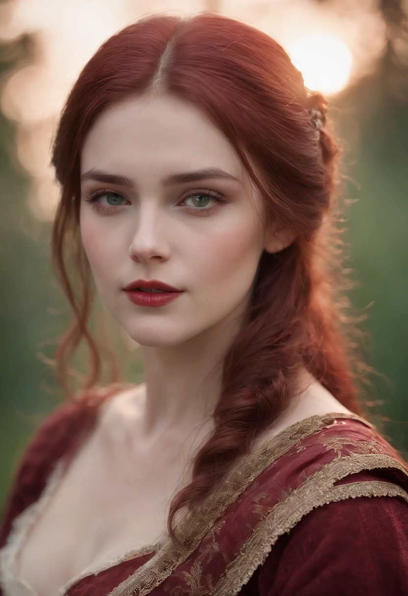 (((A deep reddish wound crosses her left cheek))) Fair complexion, Female about 19 years old, natural white hair, Distinctive green eyes, Wearing Kohl, slender and graceful, Beautiful, Candles in a medieval setting, ultra sharp focus, realistic shot, Medieval women's clothing, Notebook colors (scar:1.4)