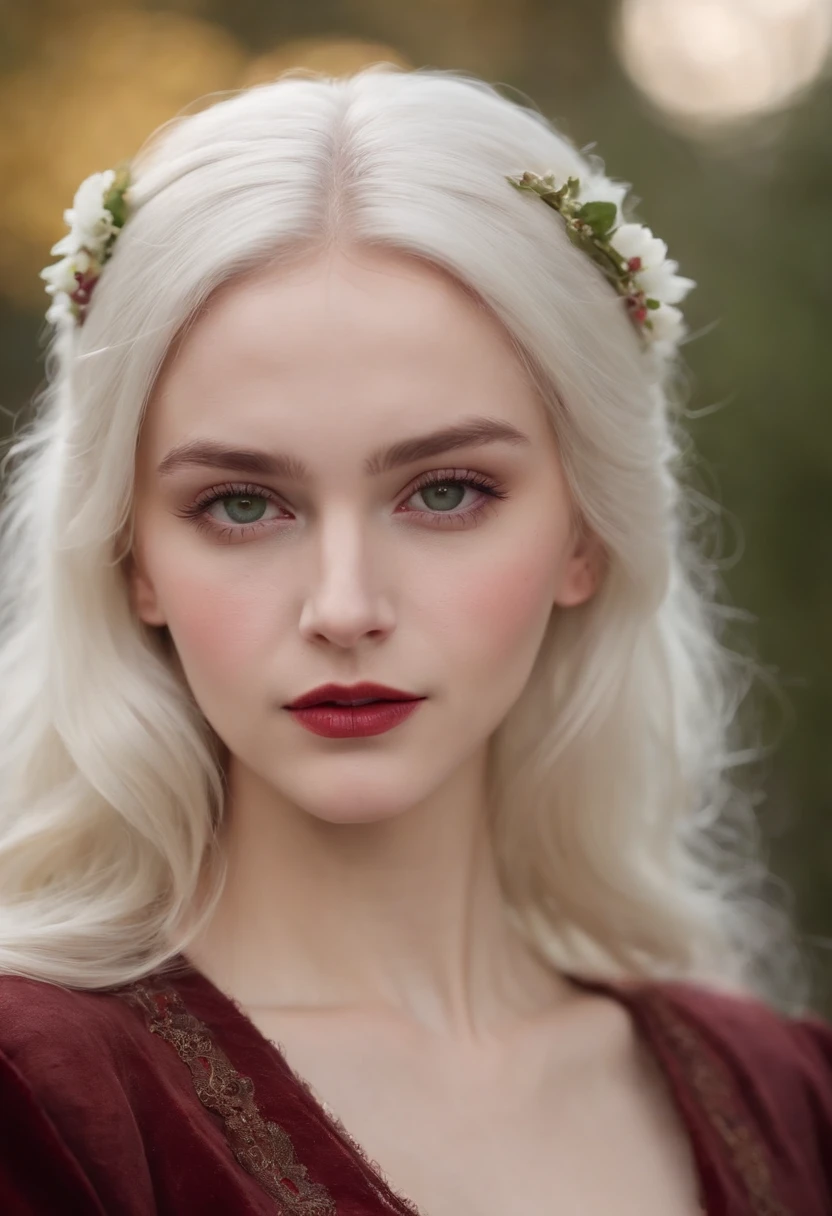 (((A deep reddish wound crosses her left cheek))) Fair complexion, Female about 19 years old, natural white hair, Distinctive green eyes, Wearing Kohl, slender and graceful, Beautiful, Candles in a medieval setting, ultra sharp focus, realistic shot, Medieval women's clothing, Notebook colors (scar:1.4)
