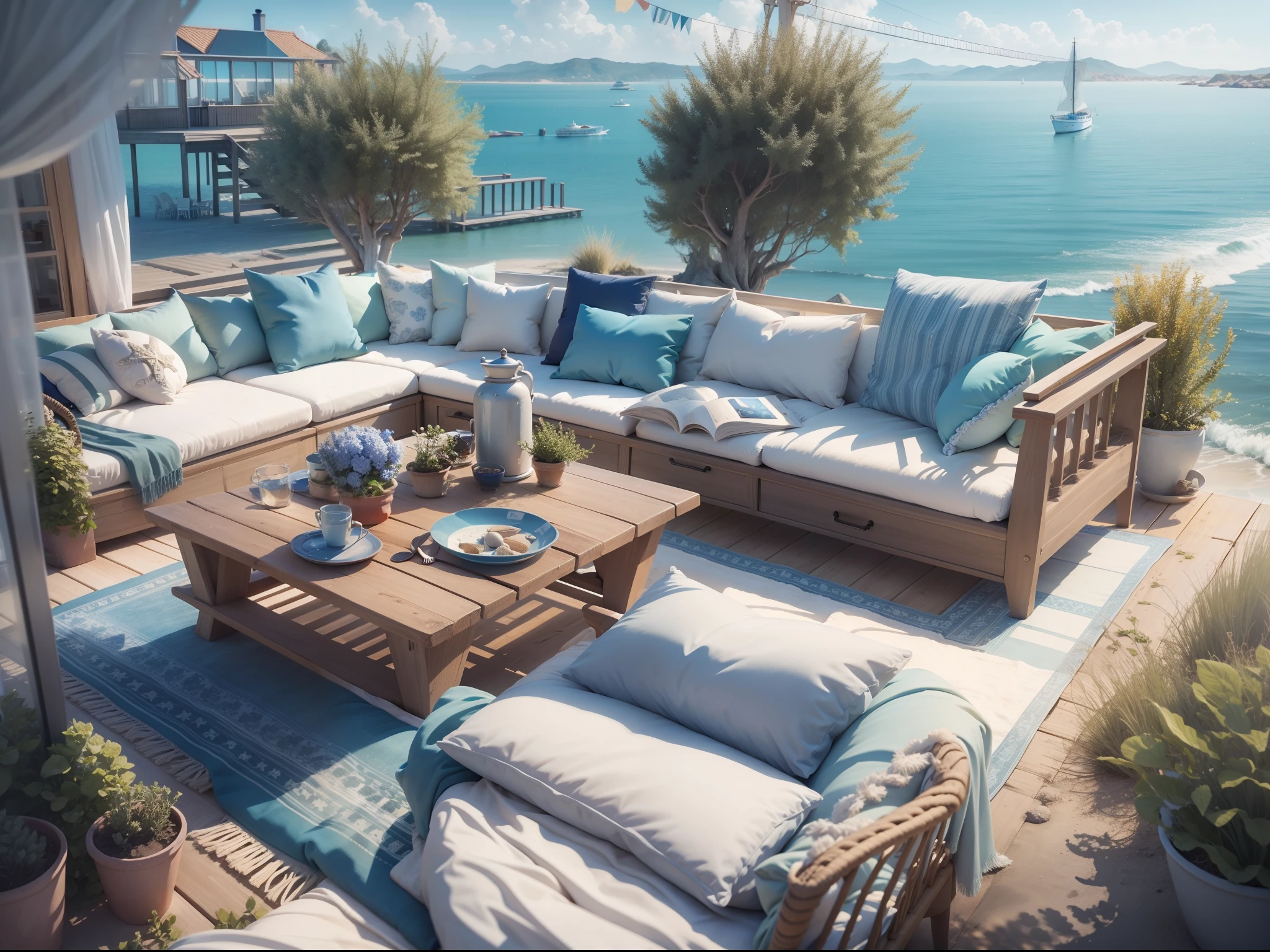 Seaside holiday home, Blue sky, the detail， 4K， k hd， high high quality.