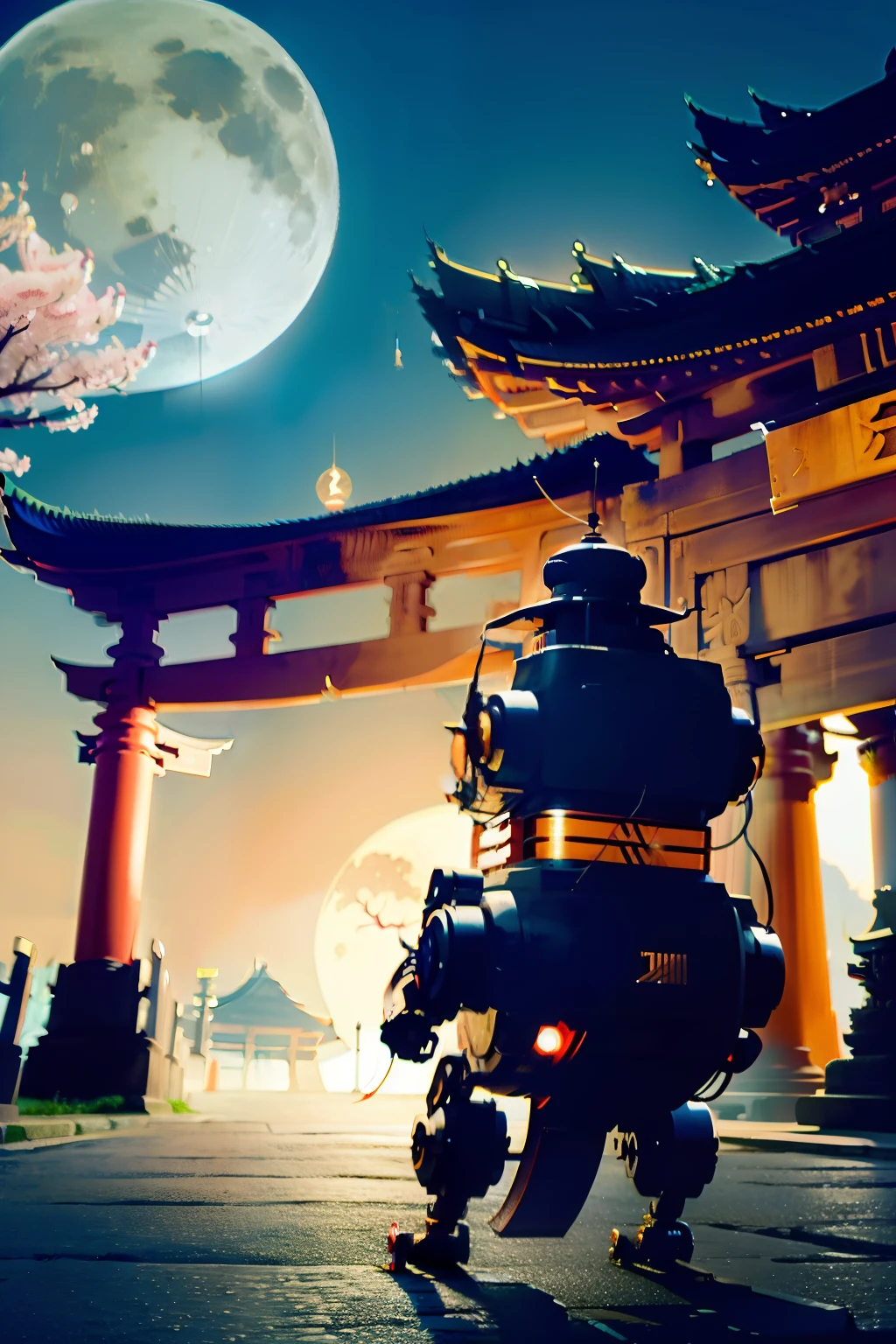 Fighting robot facing backwards,Background with big temple and torii gate, big full moon and cherry blossoms in the sky,High-quality 4K