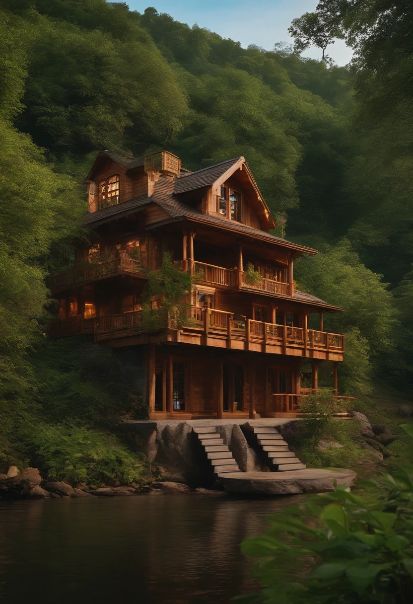 "A japosa style wooden house high on a mountain next to a tranquil river in the middle of a lush forest.”