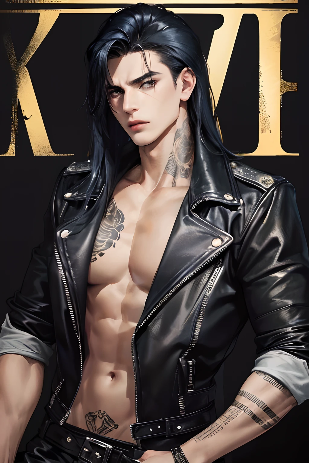 cover for a book, photography of a heavy metal star, a solo man, (((man))), (masculine face), 25 years old, singer, bad boy, (black eyes), expressive look, long dark blue black hair, (((bar background))), straight hair, blueshine hair, unshaven, black leather jacket, long sleve jacket, leather pants, chest tattoo, super detailed face, perfect body, perfect shapes, realistic image, award winning photography, 8k,