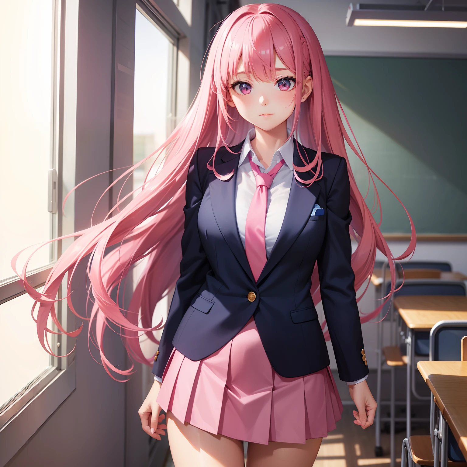 High school girl, dark blue blazer, pink super miniskirt, pink tie, knee-high socks, long pink hair, solo, school classroom, looking at viewer, front view,