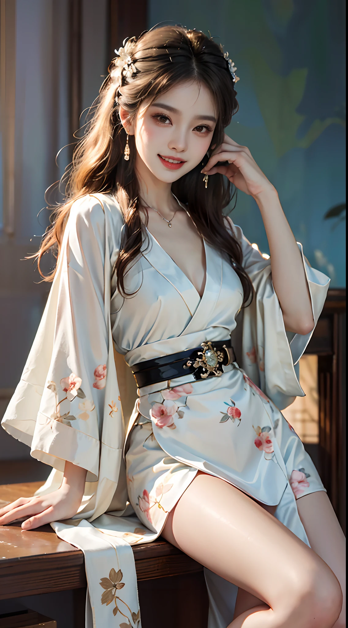 ((full body)), ((from side)), ((realistic)), 1 Asian female model, A young girl, (Being in the room, Sit Pose, Cross ed leg, Leaning against the dresser), Pleasing posture, Eye-catching poses, Nice long legs, Detailed scenes, Coiled hair, Hairpins, Beautiful hair accessories, Brownish-yellow hair, light make-up, Blushlush, Gloss on lips, ((White floral Hanfu, hanfu, high-waist, Nice belt, high-heels)), ((warm lights, a warm color palette)), (Extremely high color saturation), Detailed details, ultra-detailliert, (tmasterpiece, best qualtiy), (An extremely delicate and beautiful work), Delicate earrings, Delicate necklace, Simple blurred background, Extreme detail description, Ultra-fine painting, Delicate face, slim toned body, Slimming the waist, (grin, happy grin, Baring teeth), (anatomy correct)