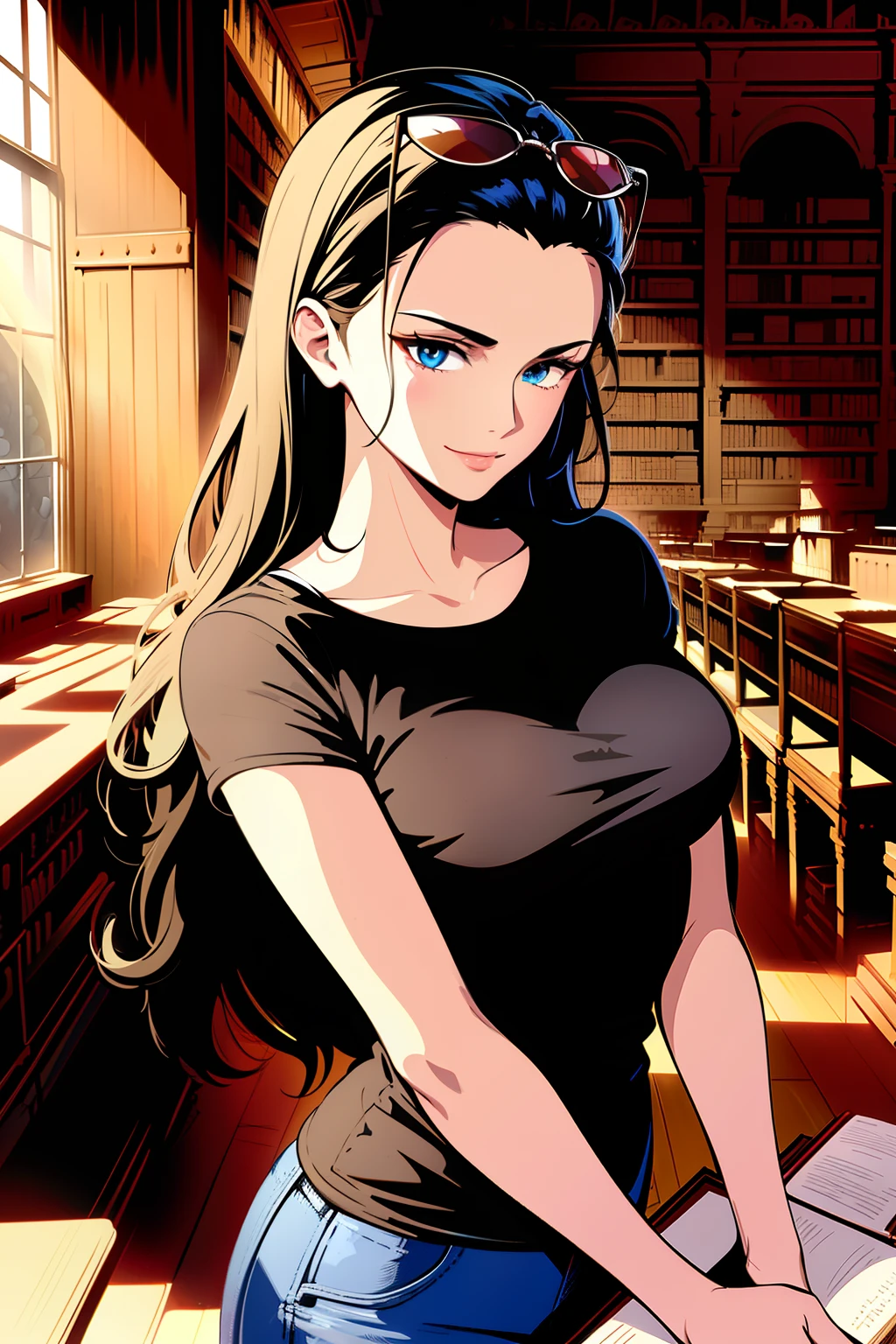 masterpiece, ((ultra detailed background, delicate, intricate detail)), (highly detailed, fine details), best quality, beautiful lighting,((medium breasts, slim girl)), black T-shirt, jeans, hair in a bun, (black T-shirt), NicoRobinV2, 1girl, black hair, long hair, solo, medium breasts, smile, sunglasses, blue eyes, eyewear on head, closed mouth, hair slicked back, (complex detailed background, inside, castle room environment, medieval castle library, library, gray walls, window, bookshelf), ((portrait, holding closed book)),