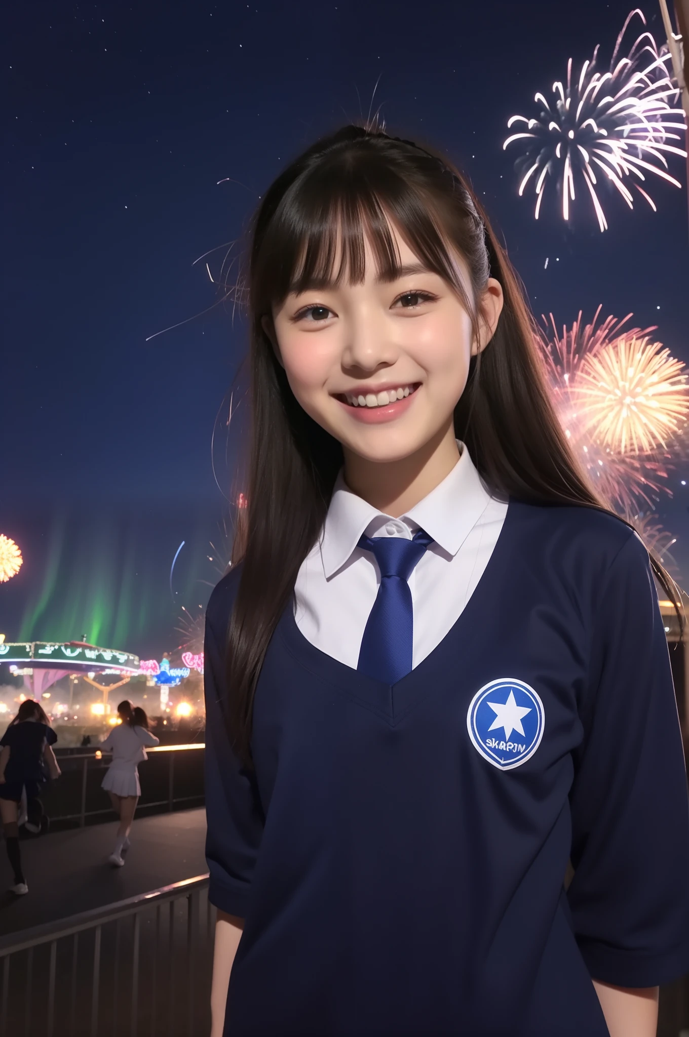 A smile、hi-school girl、校服、shortsleeves、An amusement park、While doing fireworks、starrysky、Aurora、a beauty girl、idol