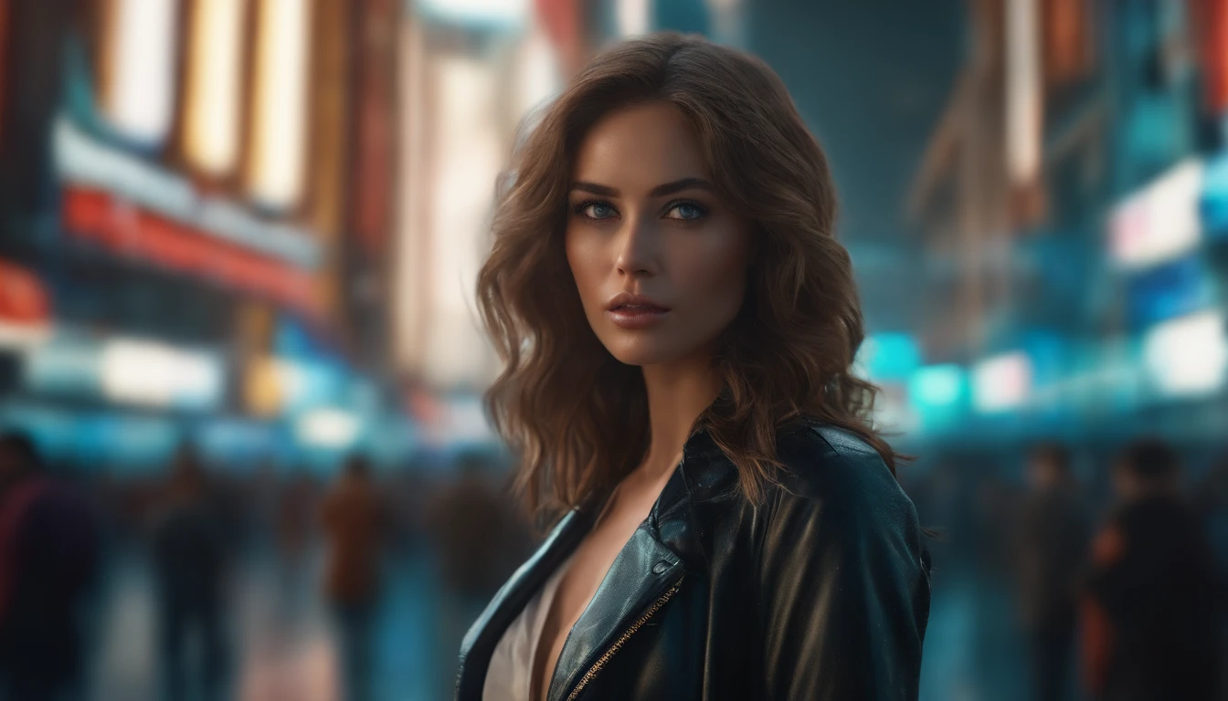 In a futuristic metropolis, Her clothes were torn to shreds, Standing in front of towering holographic billboards, In a sea of bustling crowds, Digital Art, High-resolution rendering, Beautiful, Model, beautiful model, CANNON, detailed clothes, Detailed Face, A detailed eye, 詳細な目, Wavy Hair, messy hair, 8K UHD, Shot Full Body, Symmetrical facial, detailed pupil, expressive eyes, Real photography, modern look, Real photography (Realisitc:1.5)