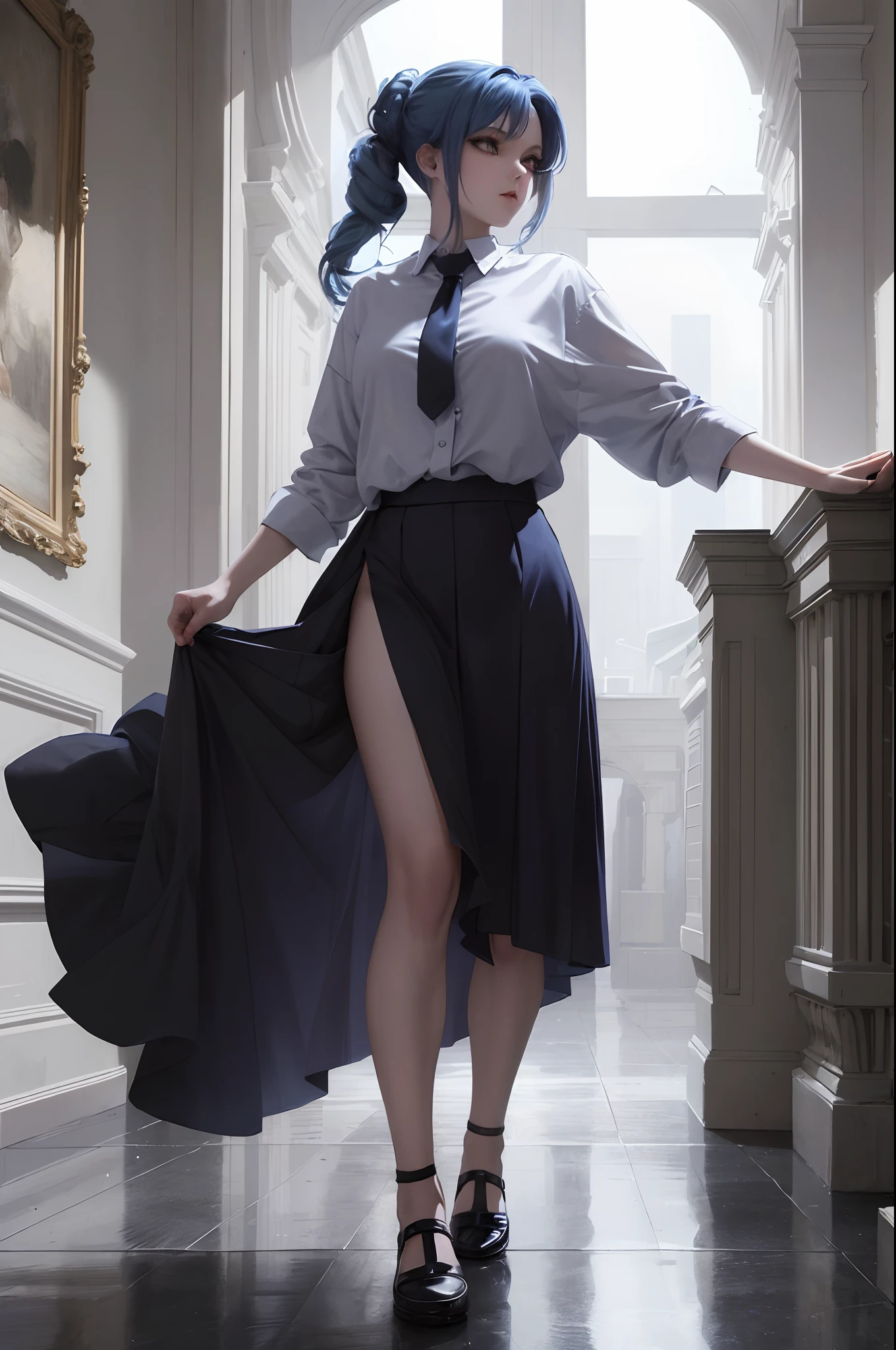 ((Masterpiece)), (Best quality), (Detailed), (1girll), Blue hair, Blue glowing eyes, updo, White shirt, Black skirt, looks down on a viewer ,full body