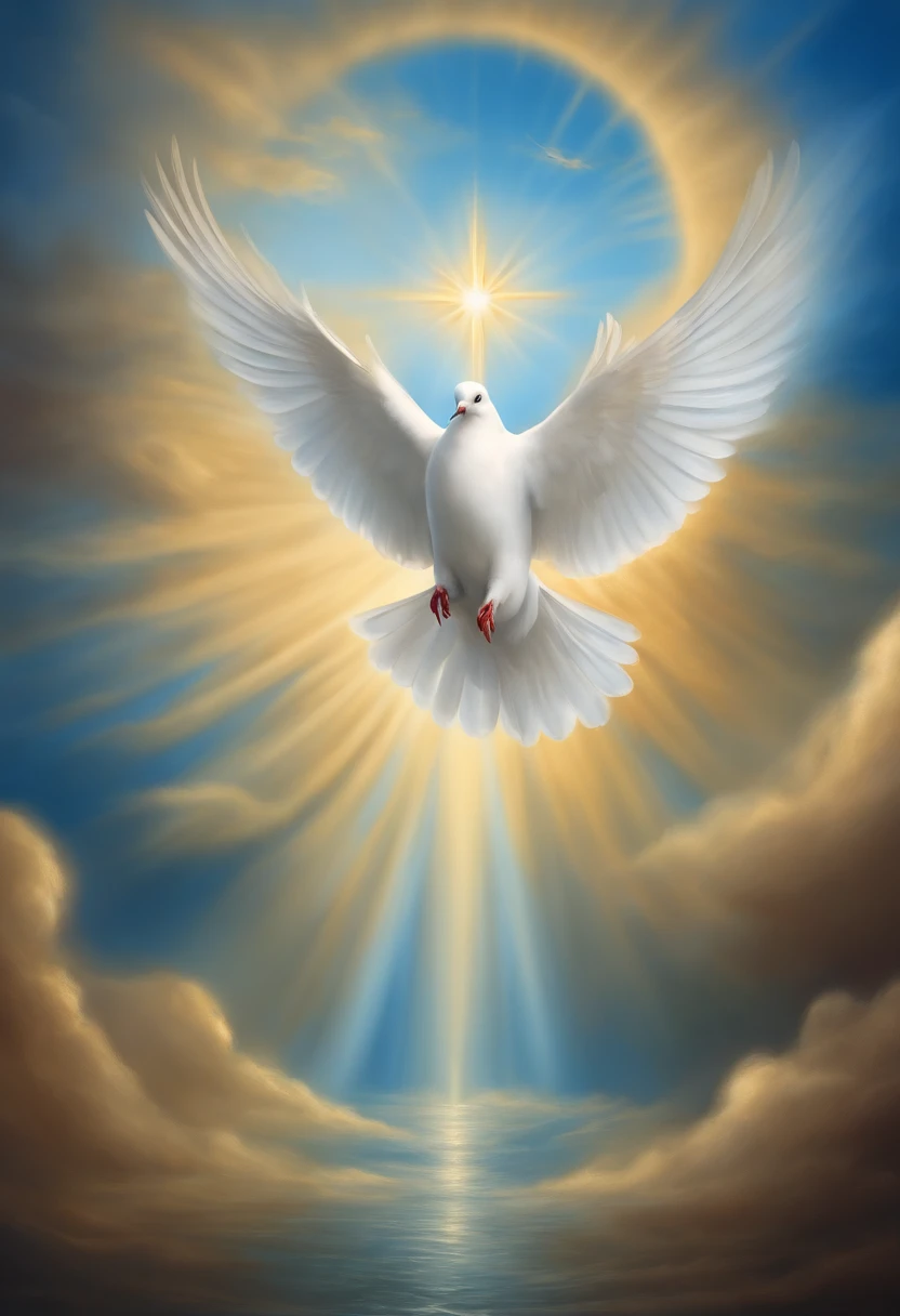 Dove representing holy spirit, fundo azul, descending from the sky, religión, estilo pintura, luzes