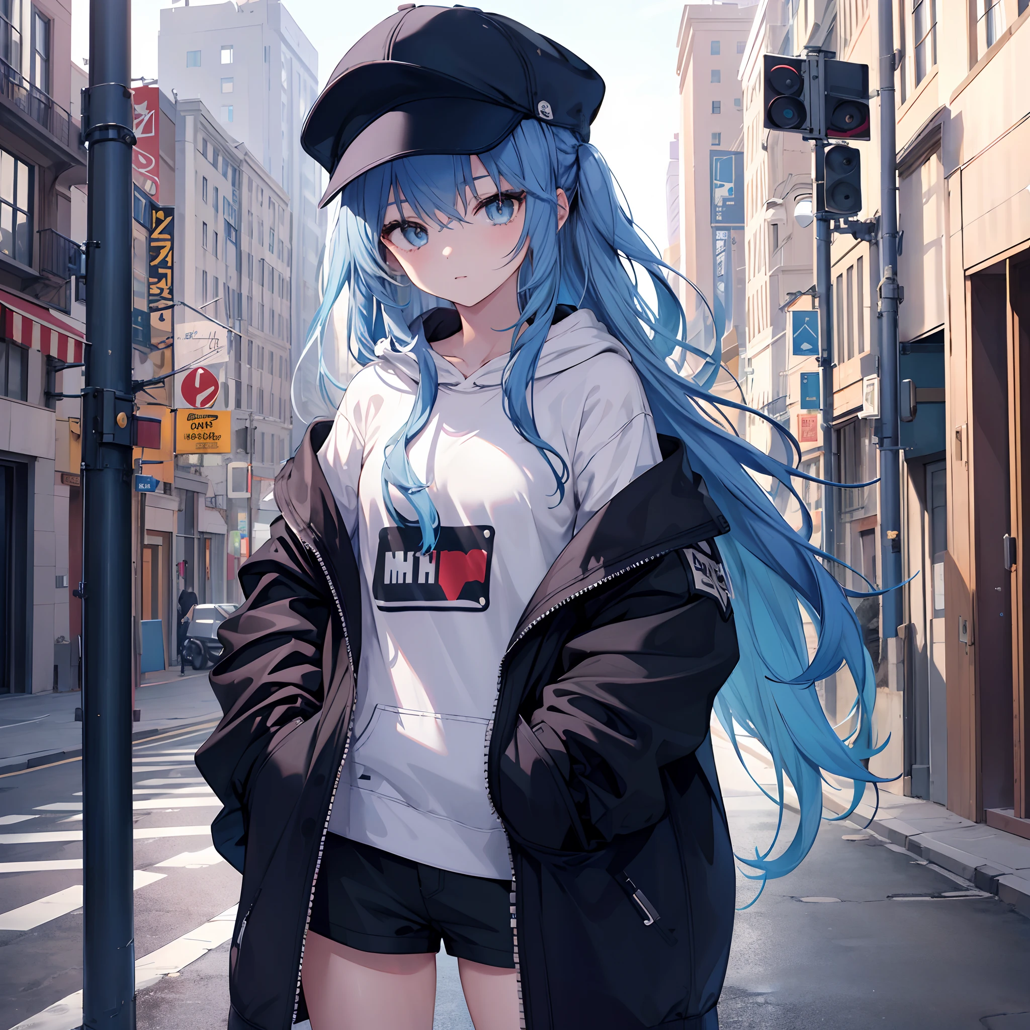 Anime girl with blue hair and a baseball cap standing on a city street ...