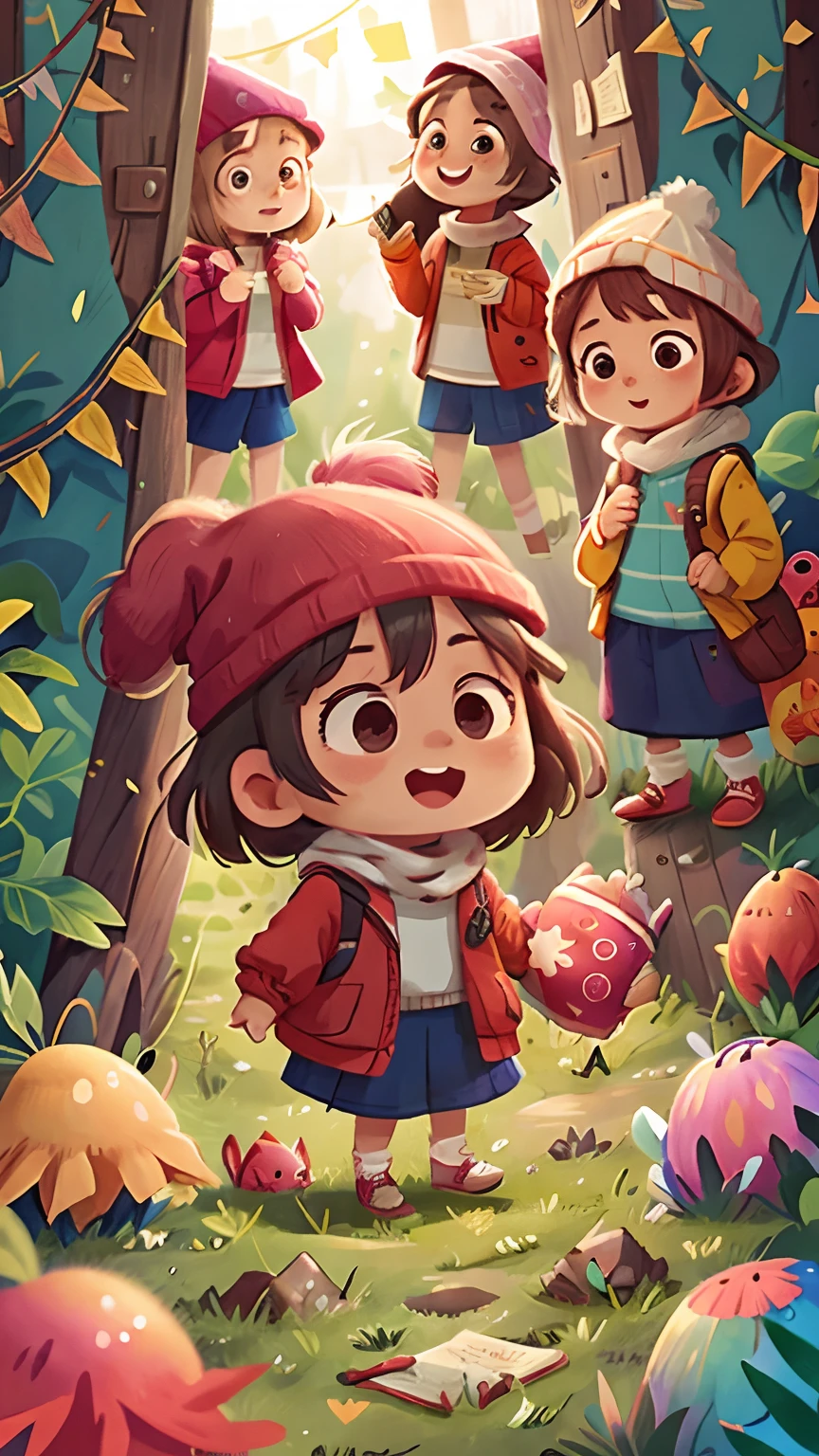 Multiple people,ami, girl with, personification,cheerfulness,Rejoice, knit hat, A lonely door glowing in the middle of a meadow, Glowing doors, Vista, door leaf, Perfect quality,Clear focus(clutter - home:0.8), (tmasterpiece:1.2) (realisticlying:1.2) (Bokeh) (best qualtiy) (detailedskin:1.3) (intricate-detail {Ikko) (8K) (detailedeyes) (muffler),(having fun)