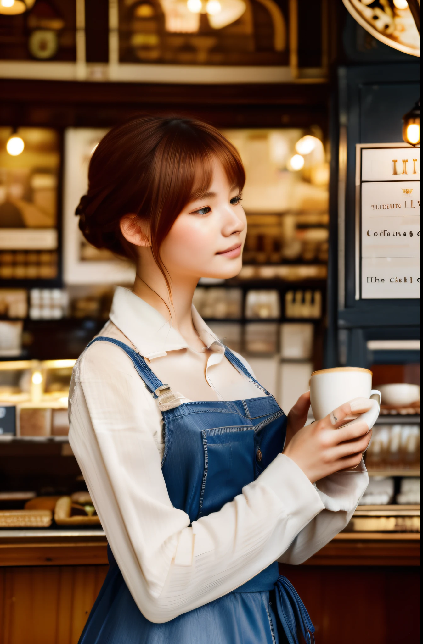 (Top resolution, Distinct_image), Best Quality, masutepiece, Highly detailed、high detailing, Textured skin、22 year old cute woman、Ultramarine Dresses、White flower hair ornament、An old-fashioned coffee shop full of romance、(((A café with a sense of history、Dim lighting:1.2、Inside the store with a little scratch)))