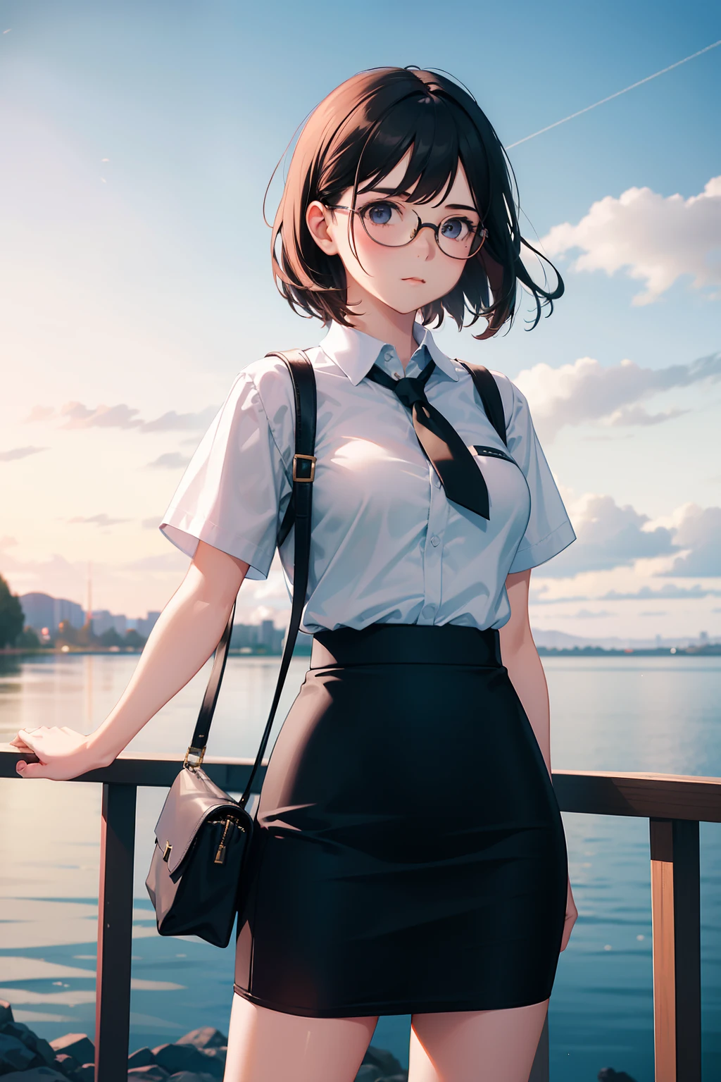 1 girl with cute face, wearing glasses, white shirt with black short pencil skirt, short sleeves, aurora scenery, handbag, clouds