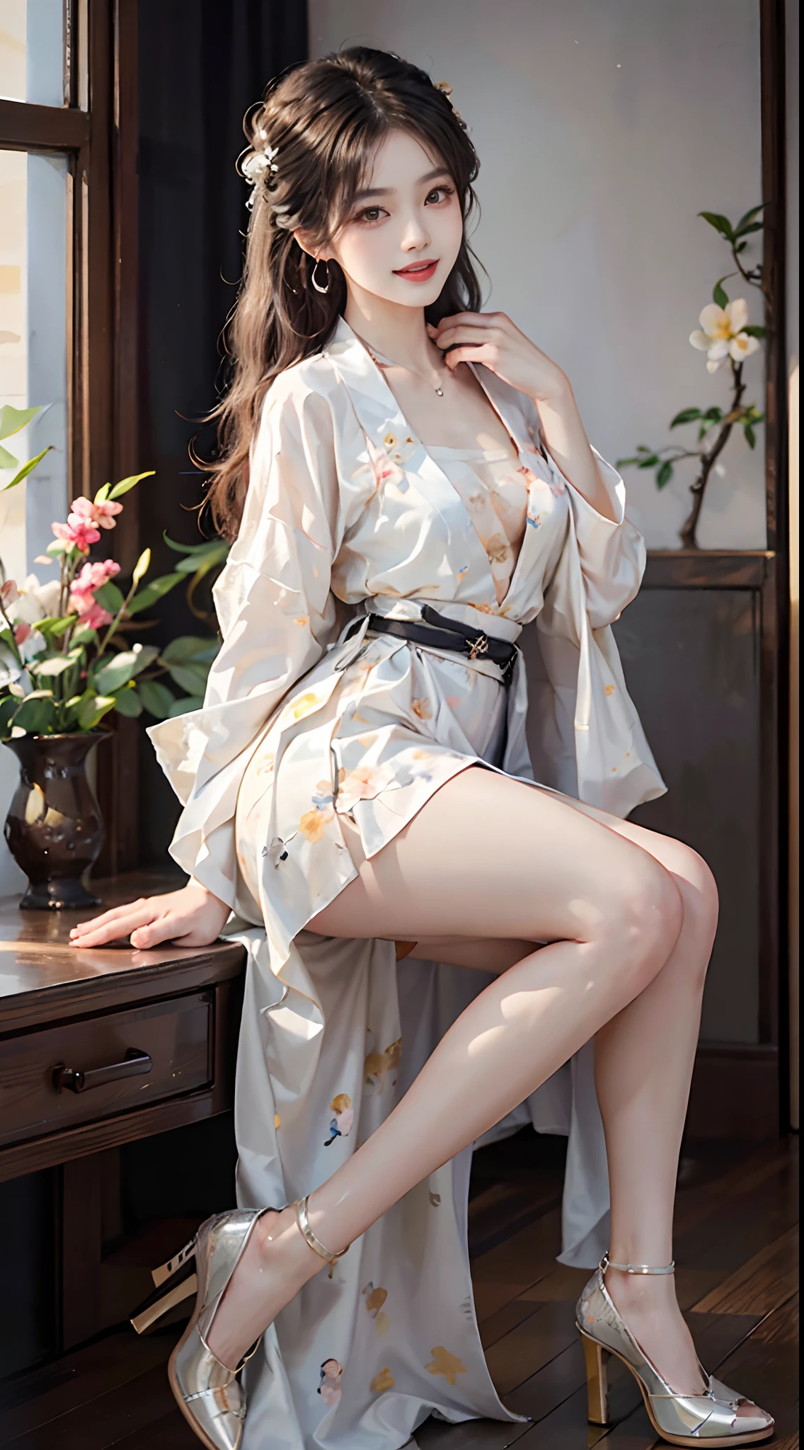(​masterpiece, top-quality, top-quality, Official Art, Beautifully Aesthetic:1.2), (1girl in), ighly detailed, (Fractal art:1.3), colourfull, highestdetailed, face perfect, The upper part of the body, HDR, (doa:1.3), (White cloak golden line:1.2), intergalactic, (light streaks), striking visuals, (Dynamic streaks, Bright trajectory:1.2), vivd colour,see -through、Ren Hao、Flowers in the background